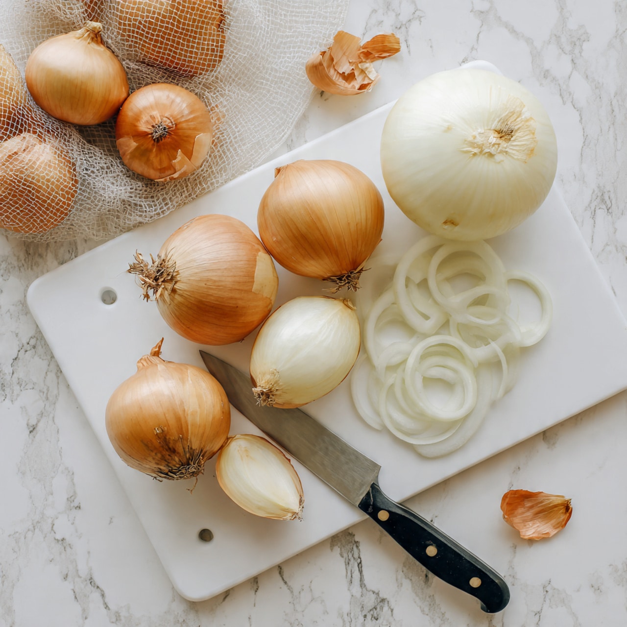 The image shows a white cutting board on a white marbled surface. On the cutting board, there are several peeled and unpeeled onions with a shiny, smooth texture in white and light brown colors. One whole white onion is placed at the top right, and another is halved at the bottom left. Slices of white onion, thin and curved, are arranged near the right side of the board. A large kitchen knife with a black handle rests diagonally on the board, partially under the halved onion. Around the cutting board, brown onion skins and several whole light brown onions are scattered casually, with a netted bag of onions visible at the top left. The overall look is clean and bright with natural lighting. photo taken with an iphone --ar 4:5 --v 7