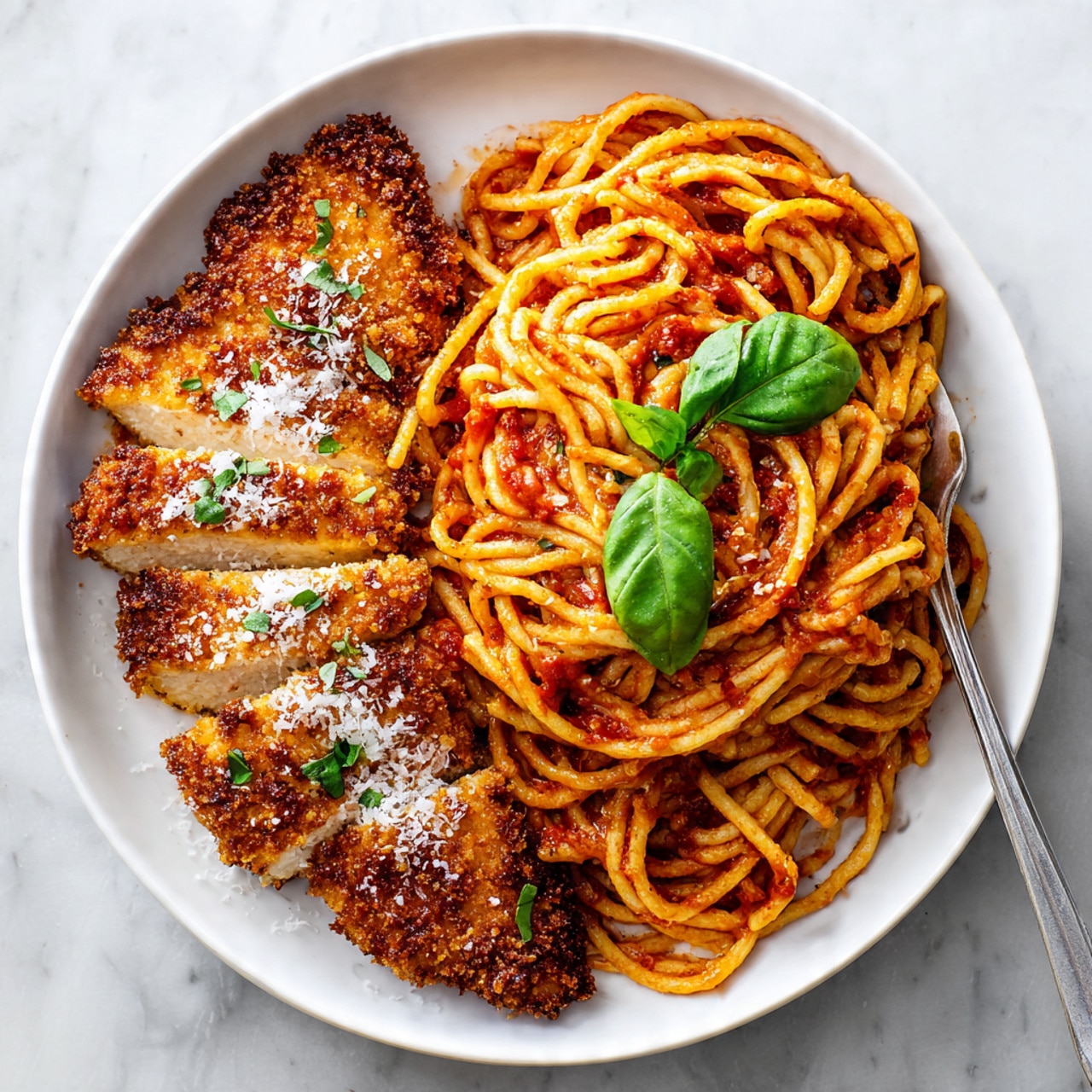 A white plate holds two main parts of the dish on a white marbled surface: on the left, a golden-brown crispy fried chicken piece is partially sliced into four thick pieces, showing the white juicy inside, topped with a light sprinkle of white cheese. On the right, tangled orange-red spaghetti coated in tomato sauce fills the plate, garnished with two fresh green basil leaves on top, with a silver fork resting partly in the noodles at the bottom edge. Photo taken with an iphone --ar 4:5 --v 7