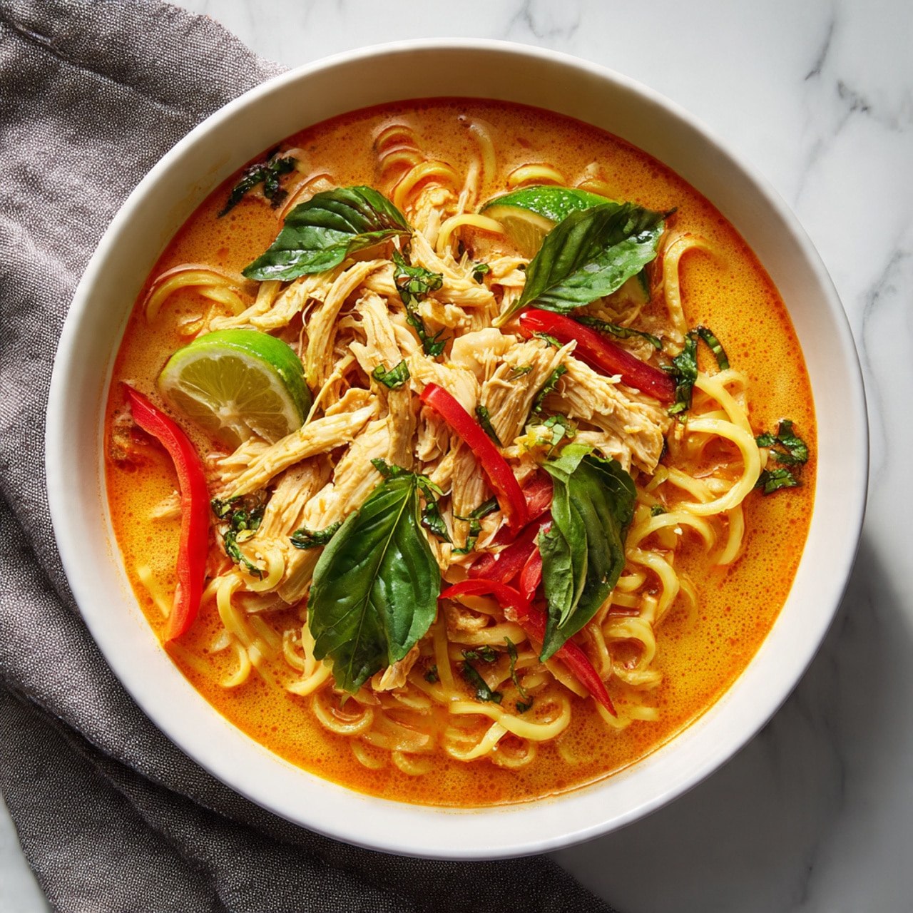 A white bowl filled with rich orange soup that has thick noodles layered at the bottom. On top, there are pieces of light orange cooked chicken, slices of green lime, whole fresh green basil leaves, and red bell pepper strips. Small green herbs are sprinkled all over the surface. The bowl sits on a white marbled textured surface with a gray cloth partially underneath. photo taken with an iphone --ar 4:5 --v 7