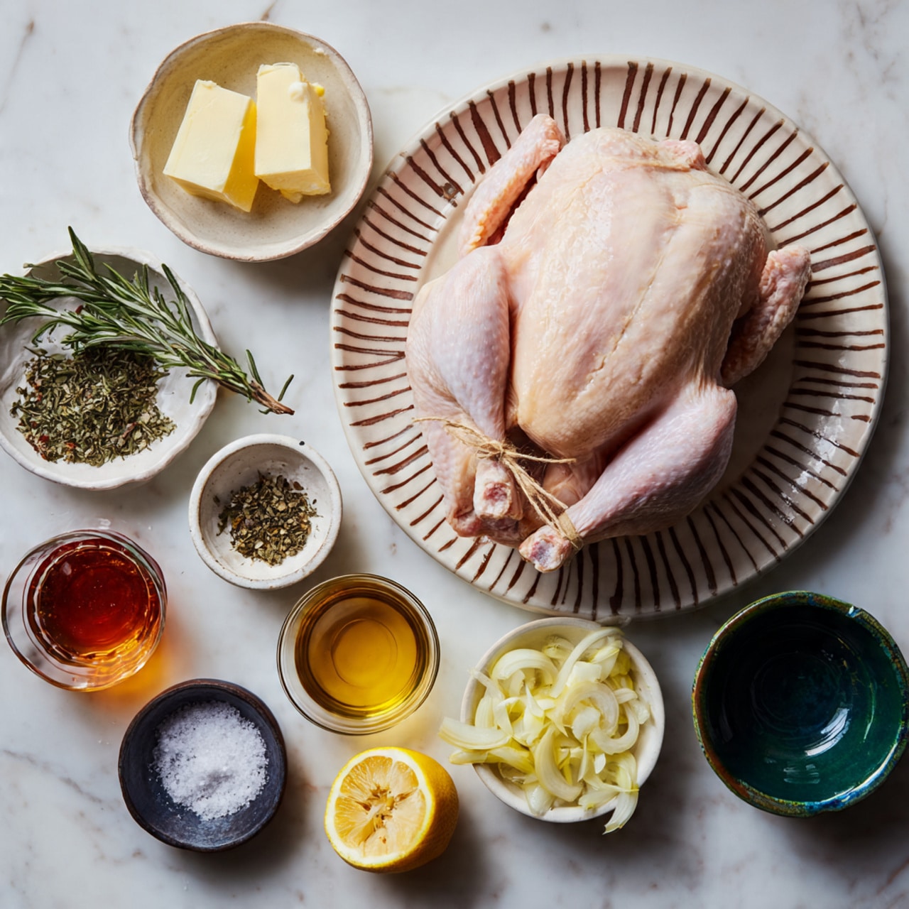 A whole raw chicken with pale pink skin tied at the legs sits on a white plate with brown stripes along the edge, placed on a white marbled surface. Around it are small white ceramic bowls with different ingredients: finely chopped garlic in one, lemon slices in another, and softened butter in a third. There are also two small bowls with dried green herbs, a few sprigs of fresh rosemary and thyme, a bowl with onion wedges, lemon zest in a small bowl, and a small glass bowl filled with a dark amber liquid. Additionally, a small black plate holds coarse white salt, and a small green ceramic bowl contains cracked black pepper. A deep blue ceramic bowl is also placed on the white marbled surface near the chicken. photo taken with an iphone --ar 4:5 --v 7
