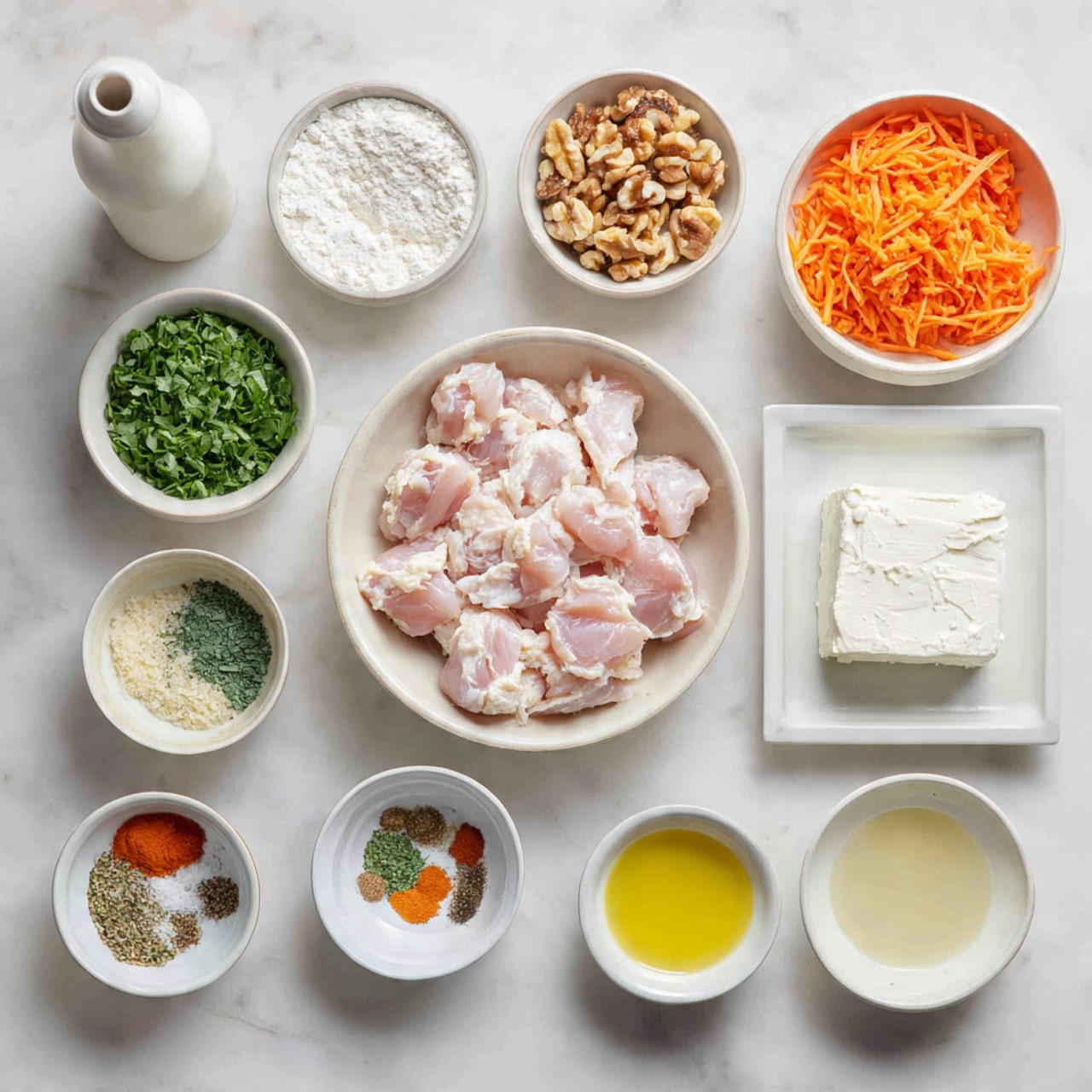 The image shows a white marbled surface with multiple small white bowls arranged neatly. In the middle top, there is a bowl of raw chicken pieces. Surrounding it are bowls with different ingredients: orange shredded carrot at the right, green chopped herbs at the left, a bowl of mixed nuts above the herbs, and a bowl of white flour below the chicken. To the right of the chicken is a white rectangular dish holding a white block of cream cheese. At the bottom are small bowls with various spices and a yellow liquid, all placed close together. There is also a tall white bottle on the top left corner. The scene is bright and clear, with all ingredients visible and well spaced. Photo taken with an iphone --ar 4:5 --v 7