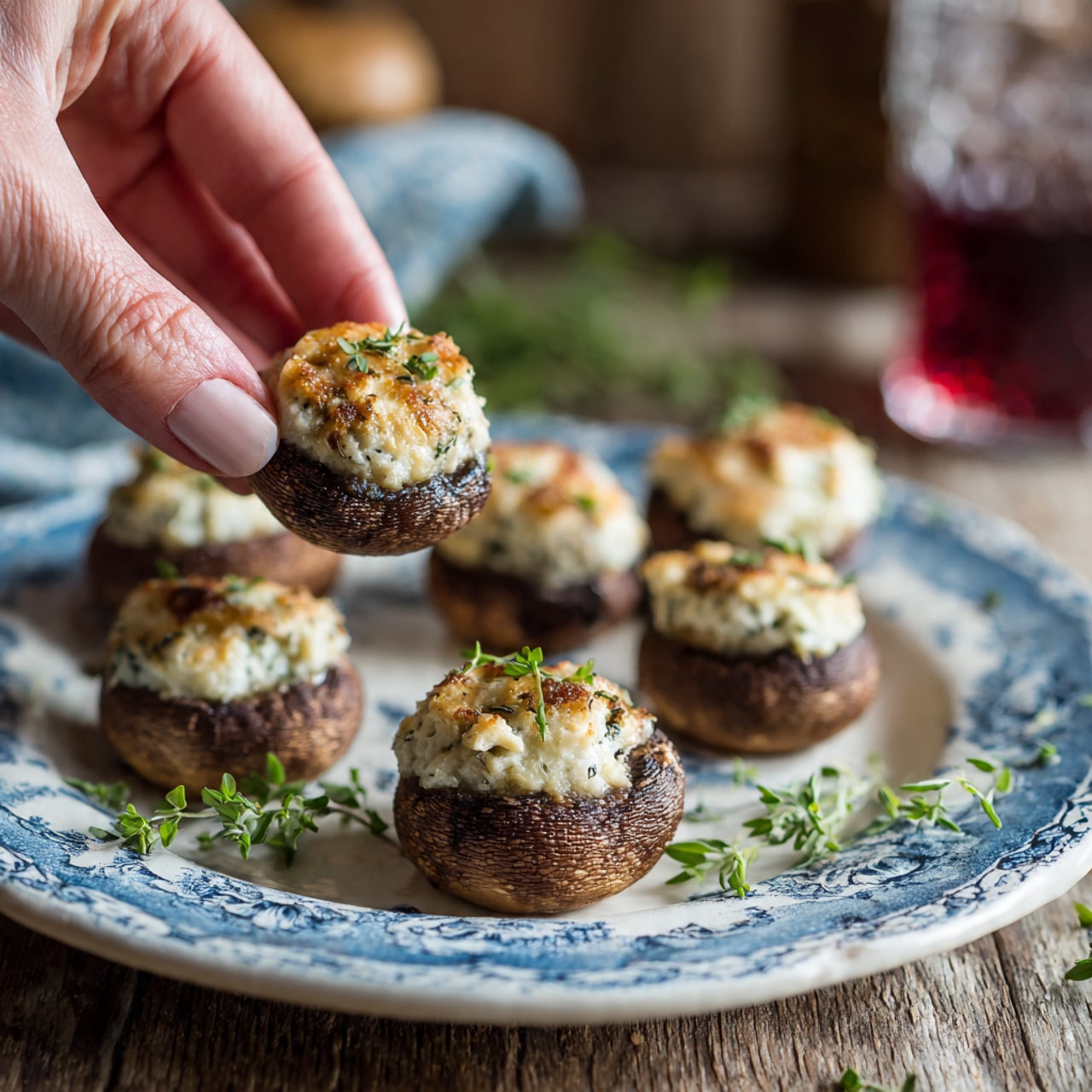 A woman's hand is holding one stuffed mushroom, showing a close-up view. The stuffed mushrooms have three layers: a brown mushroom base, a creamy white filling on top with a slightly browned and toasted texture, and small green herb leaves scattered on the filling. There are six stuffed mushrooms placed on a white plate with blue decorative patterns. The plate is on a wooden surface, and some fresh green herbs are around it with a glass of red liquid blurred in the background. photo taken with an iphone --ar 4:5 --v 7