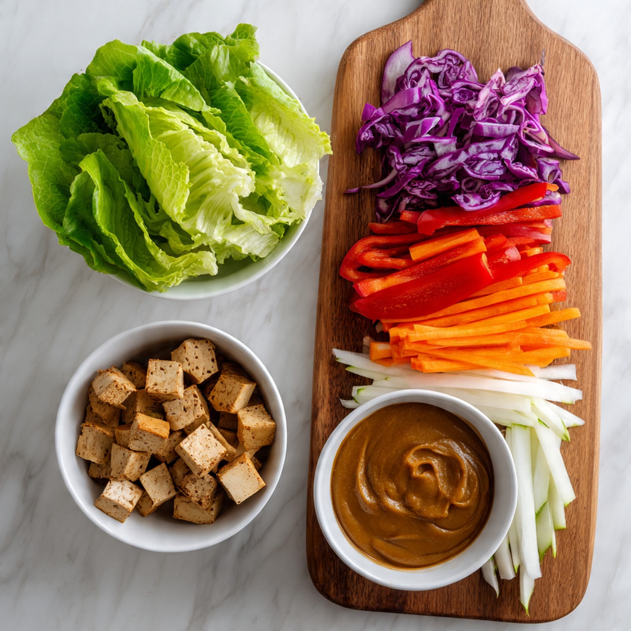 The image shows three white bowls and a wooden board on a white marbled surface: the left bowl holds fresh green lettuce leaves with a ruffled texture, the top right bowl contains small light brown cooked tofu cubes, and the bottom right bowl is filled with smooth, brown peanut sauce. The wooden board at the top left has four small piles of thinly sliced vegetables arranged in rows: red bell pepper, purple cabbage, orange carrot, and white jicama. The colors are bright and fresh, and everything looks neatly arranged photo taken with an iphone --ar 4:5 --v 7