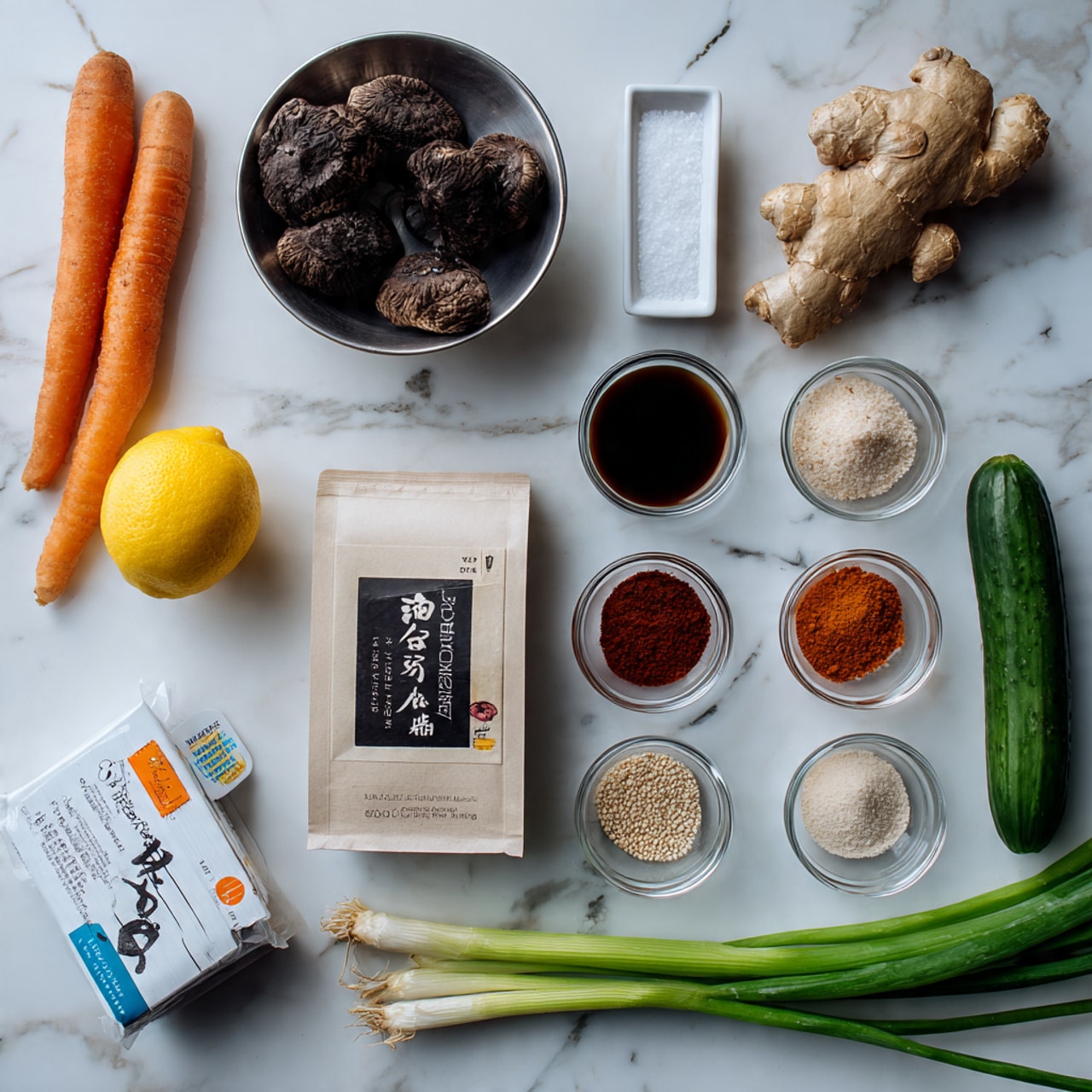 The image shows various cooking ingredients neatly arranged on a white marbled surface. There are three dark brown dried mushrooms in a small silver bowl at the top left, with a whole carrot and a piece of ginger placed next to it. Below, a white rectangular container of salt is visible alongside a small bowl of dark soy sauce, a package of Japanese bonito flakes with black and white text, and a small round bowl of light brown sesame seeds. A lemon sits near the center, with a bunch of green onions extending from the bottom left corner. To the right, there is a fresh green cucumber, a small glass bowl of sugar, and three clear bowls containing dark red chili powder, light brown powder, and white granulated sugar in that order. At the bottom left, a white pack with blue and orange details adds color contrast. The overall arrangement is clear and tidy. photo taken with an iphone --ar 4:5 --v 7