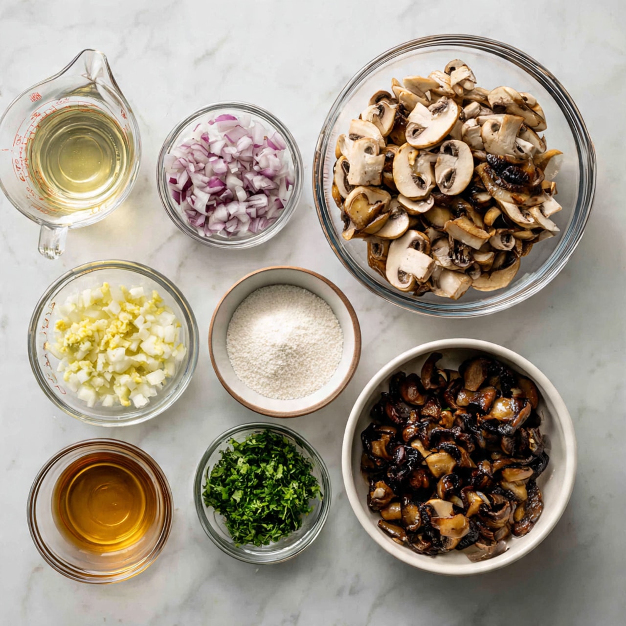The image shows a white marble surface with several clear glass bowls and a white saucepan arranged neatly. One large bowl is filled with sliced mushrooms of varying sizes and colors from light beige to dark brown. A smaller bowl contains chopped shallots in light purple and white colors. Another small bowl has chopped fresh green herbs, and next to it is a bowl of minced garlic with a pale yellow color. There's a clear measuring cup filled with a clear liquid, likely white wine, and another clear bowl with golden-brown liquid broth. A bowl with a white powder, possibly flour, is also present. The white saucepan contains additional cooked mushrooms with a dark brown color. The whole setup looks organized on the white marbled surface. photo taken with an iphone --ar 4:5 --v 7