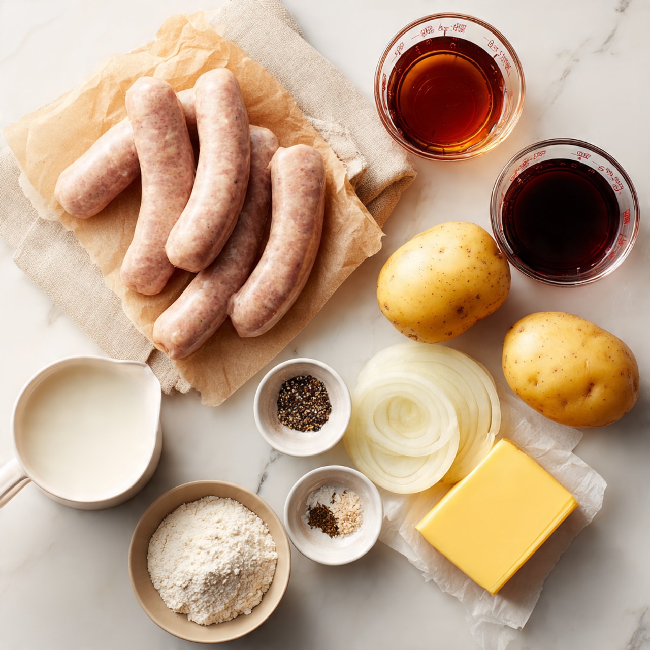 The image shows several raw sausage links with a light pinkish color and smooth texture, lying on a beige cloth on a white marbled surface in the top left corner. To the right, there are four yellow potatoes, two whole and two cut into halves and slices, showing a smooth yellow skin and firm inside. Below the potatoes, there is a small pile of thinly sliced white onions with a translucent look. Next to the onions, there are clear glass measuring cups filled with dark amber and dark red liquids. On the lower left side, a small glass pitcher filled with white milk sits beside a square pat of yellow butter resting on parchment paper. Two small clear bowls hold black pepper and a mix of salt and black pepper. A white bowl near the bottom center contains white flour with a slightly lumpy texture. All items are arranged neatly on the white marbled surface in soft natural light, capturing the fresh ingredients clearly. photo taken with an iphone --ar 4:5 --v 7