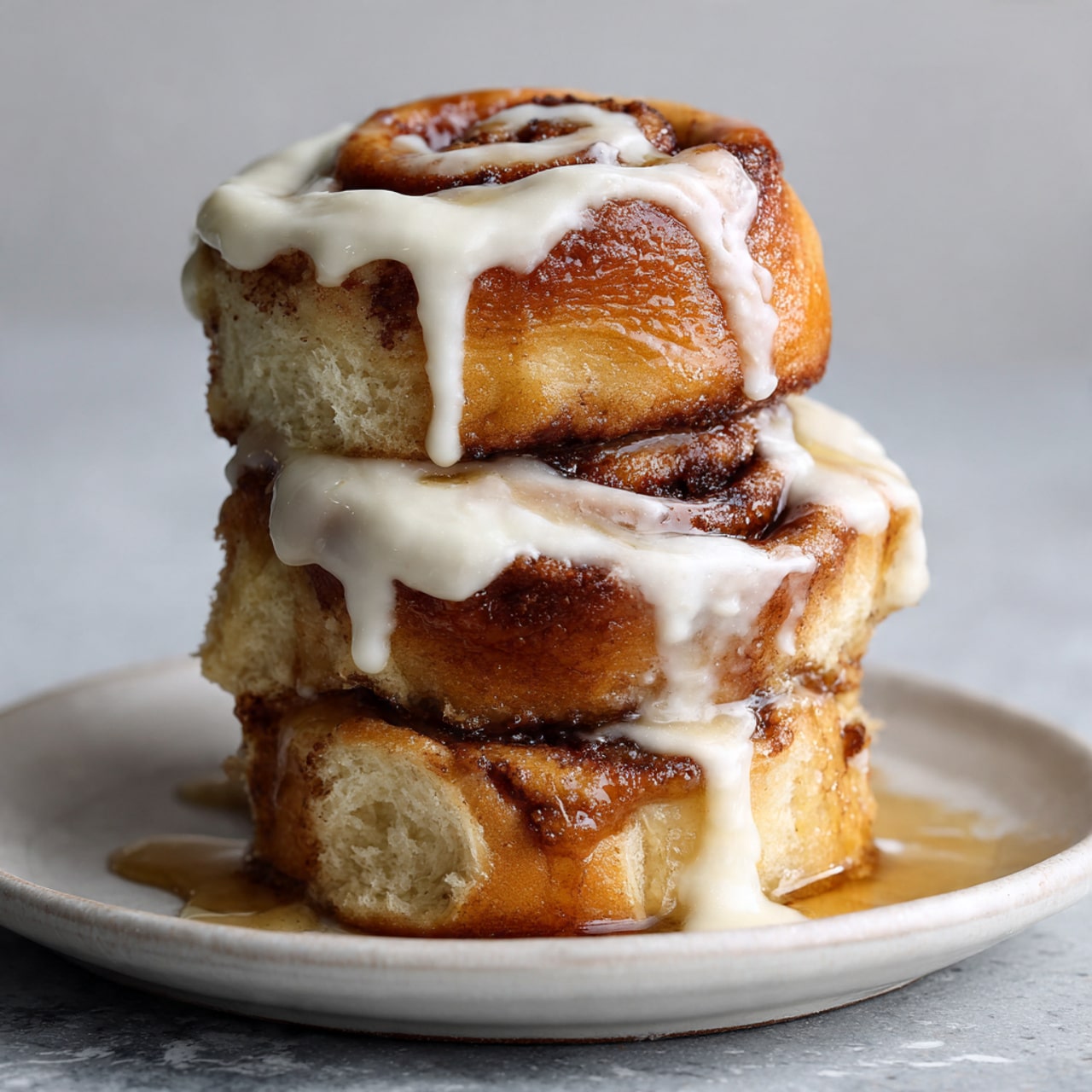 A stack of three thick cinnamon rolls sits on a white plate with a white marbled texture surface underneath. Each cinnamon roll is golden brown with visible swirls of cinnamon filling running through the soft, fluffy dough. The top roll is generously covered with creamy white icing that drips down the sides, mixing with a light amber syrup pooling at the base of the stack. The texture of the rolls looks soft and slightly browned on the edges, giving a warm and fresh-baked appearance. Photo taken with an iphone --ar 4:5 --v 7