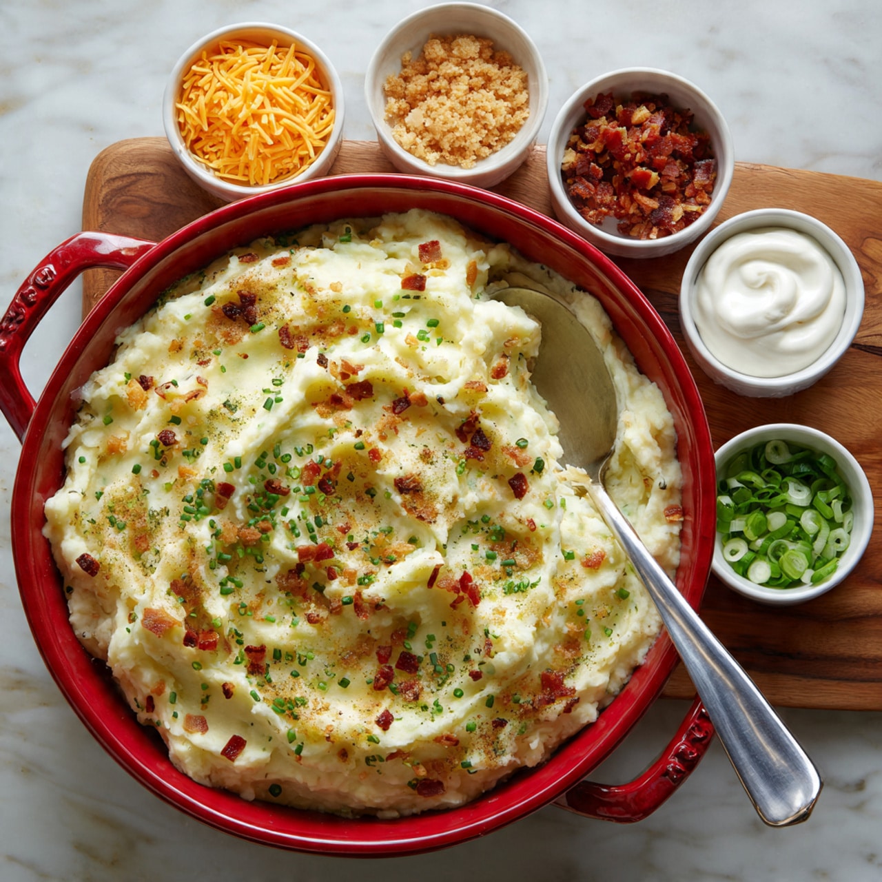 The image shows a large red serving dish filled with creamy mashed potatoes sprinkled with green seasoning on top. A silver spoon rests inside the mashed potatoes. Around the dish, there are six small white bowls arranged in a loose circle on a wooden surface. Each bowl contains a different topping: shredded orange cheese, light brown crumbs, small red bits that look like bacon, chopped green onions, a white crumbly topping, and white sour cream with a silver spoon in it. The background is a white marbled texture. photo taken with an iphone --ar 4:5 --v 7