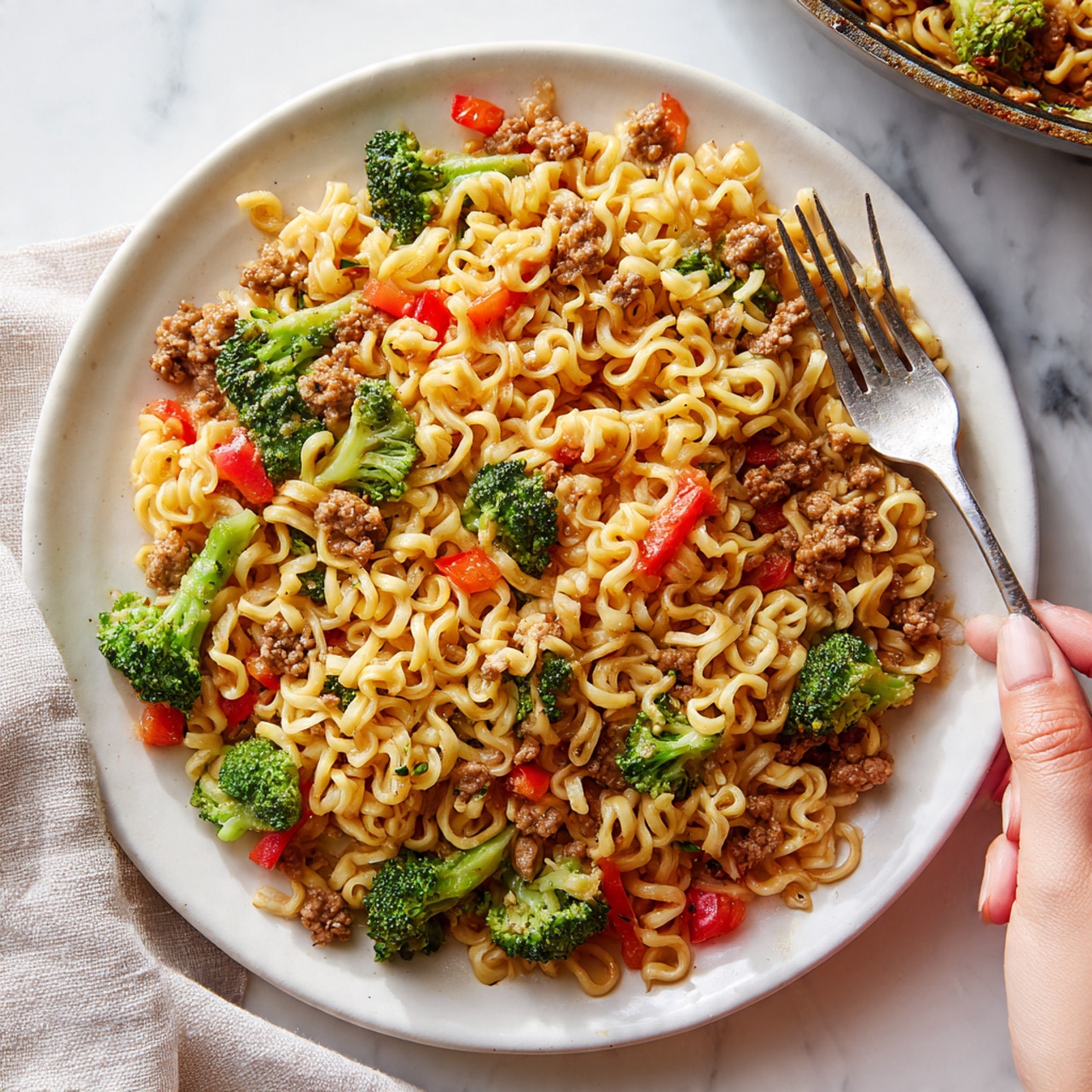 A white plate filled with cooked instant noodles mixed with small pieces of cooked broccoli, diced red bell peppers, and crumbled ground meat, creating a colorful mix of yellow, green, red, and brown with a slightly glossy texture. A silver fork is placed on the right side of the noodles with a woman's hand holding it, ready to take a bite. The background is a white marbled surface with a blurred pan of the same noodle mixture in the background and a light-colored cloth nearby. The whole scene appears warm and inviting. photo taken with an iphone --ar 4:5 --v 7