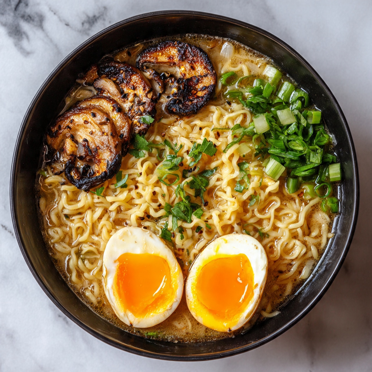 The image shows a black bowl with ramen noodles inside, placed on a white marbled surface. The ramen has two halves of a soft-boiled egg with bright orange yolks positioned close to each other on the side of the bowl. There are thin yellow noodles filling most of the bowl, with some light brown grilled mushrooms on one side and green chopped onions on the opposite side. The bowl is half visible, showing the texture of the broth under the noodles. A woman's hand is not visible in this image. photo taken with an iphone --ar 4:5 --v 7