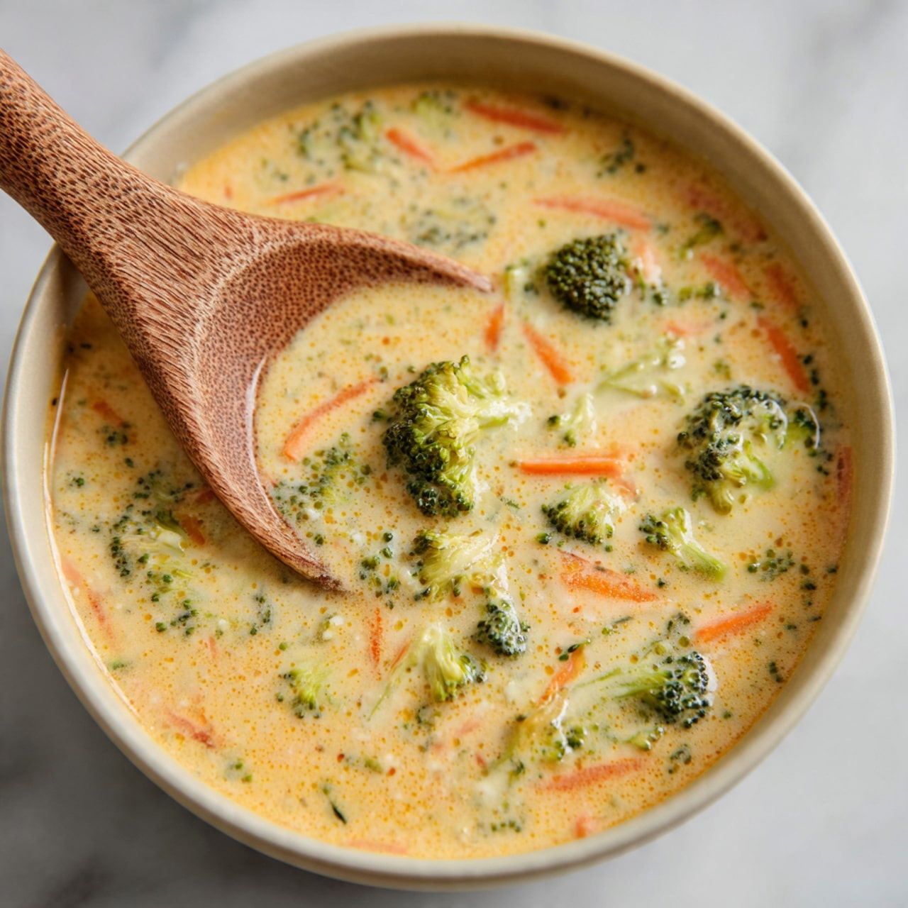 A close-up shot of a creamy soup with a light orange-yellow base, filled with small green broccoli florets and thin orange carrot strips scattered evenly throughout. A light wooden spoon is partly dipped in the soup, resting on the right side with its textured handle coming out of the frame. The soup has a smooth and slightly thick texture with tiny bits of other vegetables visible, sitting in a round container against a white marbled background. Photo taken with an iphone --ar 1:1