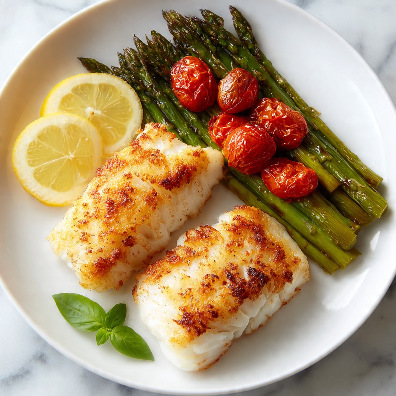 Two thick pieces of golden-brown cooked fish fillets sit side by side on a white plate, showing a flaky texture. Behind the fish, there is a neat row of bright green asparagus spears topped with small, roasted red cherry tomatoes. To the left, three thin slices of lemon rest against the asparagus, adding a light yellow touch. A small green basil leaf sits at the bottom left of the plate. The whole scene is set on a white marbled surface. photo taken with an iphone --ar 4:5 --v 7