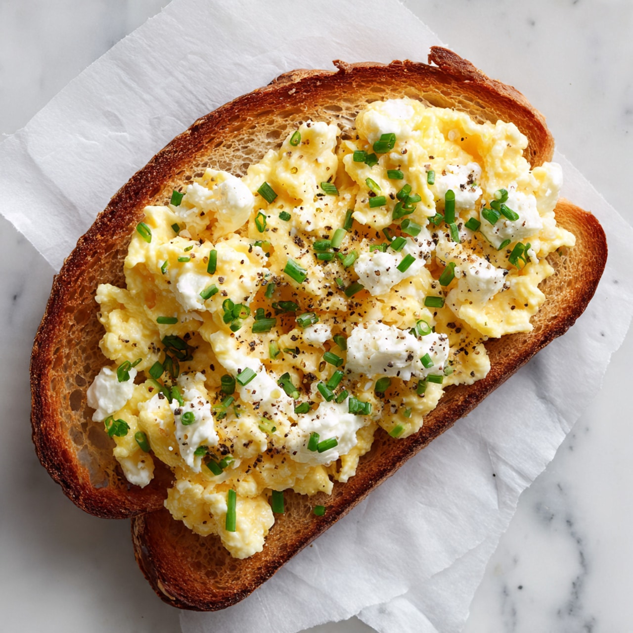 A single slice of toasted bread with a crispy golden brown crust forms the base layer. On top, there is a thick layer of soft, fluffy scrambled eggs in a pale yellow color. Scattered on the eggs, dollops of white creamy cottage cheese add texture. Small pieces of green chives are sprinkled evenly over the entire toast, along with a light dusting of black pepper. The toast rests on white parchment paper over a white marbled surface. photo taken with an iphone --ar 4:5 --v 7