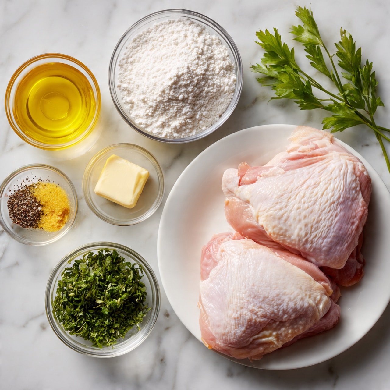 The image shows two raw chicken pieces placed on a white plate. Around the plate, there are small glass bowls with different ingredients: one bowl holds yellow oil, another has salt and black pepper, a third bowl contains white flour, and the last bowl shows a mix of green herbs and yellow butter. All items are arranged on a white marbled surface. The lighting is soft, highlighting the natural colors and textures of the food photo taken with an iphone --ar 4:5 --v 7