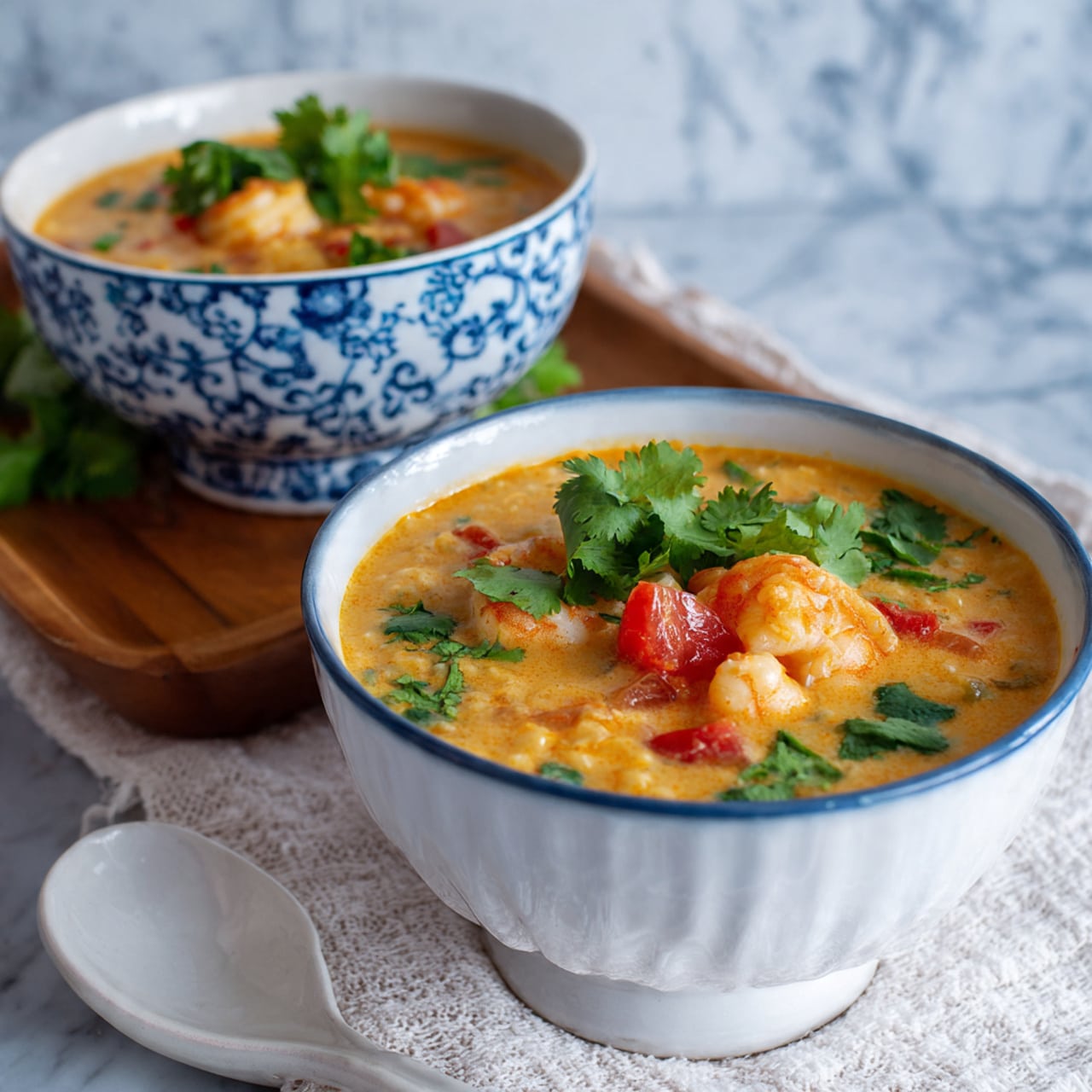 The image shows two bowls of thick soup with visible grains and pieces of shrimp, bright orange tomatoes, and fresh green cilantro leaves scattered on top. The bowl in the front is white with a blue rim and sits on a textured white cloth, showing a creamy, orange-colored soup layer with bits of red tomato and green herbs floating on the surface. The bowl in the back is white with a blue decorative pattern and filled with the same soup, slightly out of focus on a wooden tray. The background surface is a white marbled texture, and a white ceramic spoon rests beside the front bowl. photo taken with an iphone --ar 4:5 --v 7