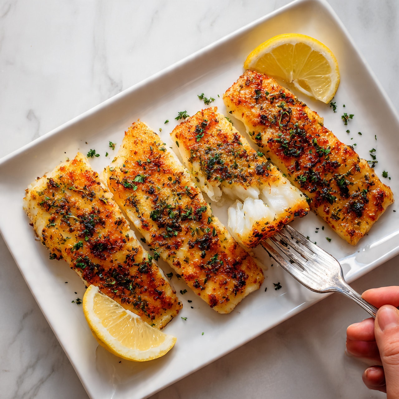The image shows a white rectangular plate with four pieces of golden-brown baked or grilled fish fillets arranged in a row. Each fillet has a slightly crispy, speckled surface with small black and green herbs sprinkled on top. At the corner of the plate, there is a bright yellow lemon wedge. A woman's hand holding a silver fork is pulling apart a piece of flaky white fish from the nearest fillet. The plate is placed on a white marbled surface. photo taken with an iphone --ar 4:5 --v 7