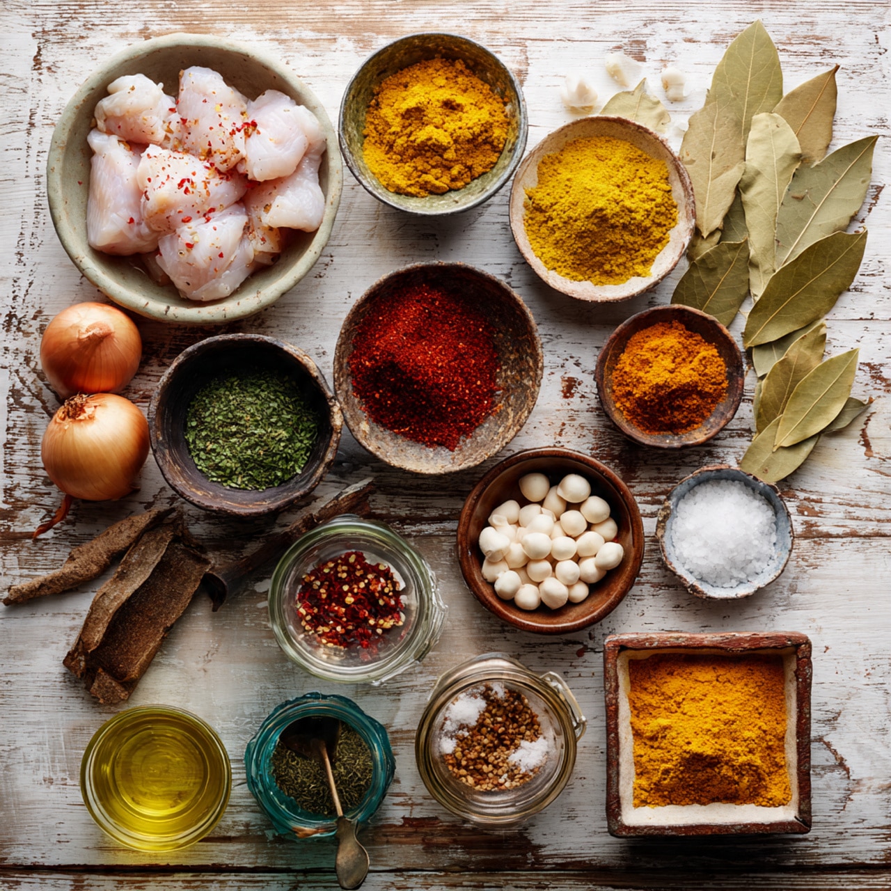 The image shows an overhead view of various cooking ingredients arranged on a rustic wooden table. There are twelve small bowls and containers of different shapes and colors, each filled with different spices and ingredients: a bowl of raw white chicken pieces lightly sprinkled with red seasoning, a bowl with bright yellow turmeric powder, a bowl with deep red chili powder, a small bowl with green fresh chopped herbs, a tiny glass container with red chili flakes, a round bowl with whole white peppercorns, a brown onion with its outer skin, jars with salt and pepper, two square containers with coarse salt, a square dish filled with yellow-orange spice, and dried bay leaves placed on the table. A small amount of clear golden oil is in a round container near the center. The surface under everything is a white marbled texture photo taken with an iphone --ar 4:5 --v 7