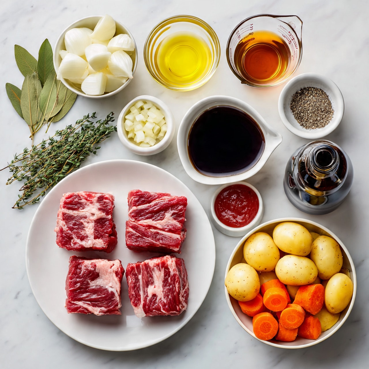 The image shows a white round plate at the bottom left holding three raw red beef pieces with white fat streaks. To the right, there is a round bowl filled with small yellow potatoes cut in half and sliced orange carrots. Above these, there is a small white cup filled with yellow oil. Next to it is a clear glass measuring cup with dark amber liquid. Toward the top right, there is a small white bowl with a dark brown sauce and next to it, a bottle filled with the same dark liquid. In the center top area, a bowl holds several large white onion quarters, and close to it is a bowl of chopped garlic. At the top middle, a white bowl contains green bay leaves and sprigs of fresh thyme. At the top left, there is a white bowl with fine white salt, near it a smaller bowl with coarse ground black pepper, and below it, a small bowl with red tomato paste. The whole setup is on a white marbled surface. Photo taken with an iphone --ar 4:5 --v 7
