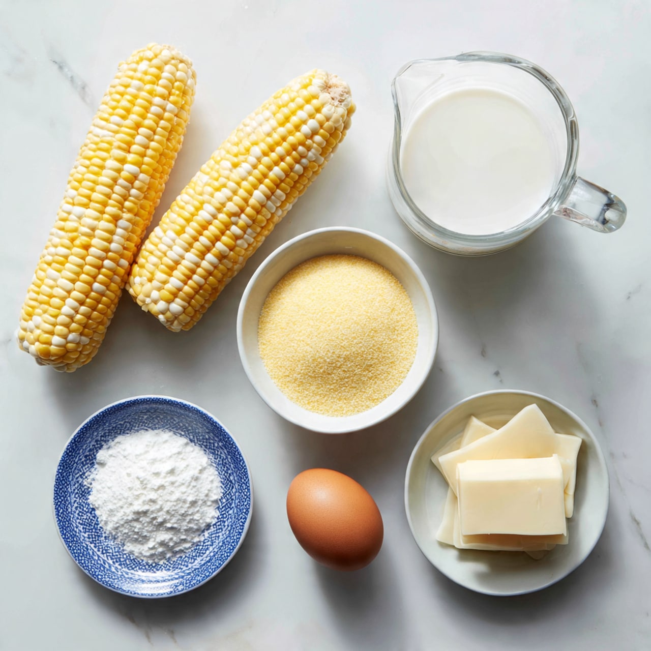 The image shows six ingredients arranged neatly on a white marbled surface. At the top left, there are two ears of fresh corn with yellow and off-white kernels placed side by side. To the right of the corn, there is a clear glass measuring cup filled with white liquid, likely milk. Below the glass cup, a small white bowl holds a fine yellow cornmeal. At the center left, a small blue and white plate holds two piles of white salt of different sizes. To the right of the salt plate, a single brown egg rests directly on the surface. At the bottom left, a small blue and white patterned plate carries a small block of light yellow butter. At the bottom right, a white bowl contains several round, thin, white slices of an ingredient, possibly cheese or another dairy product. photo taken with an iphone --ar 4:5 --v 7