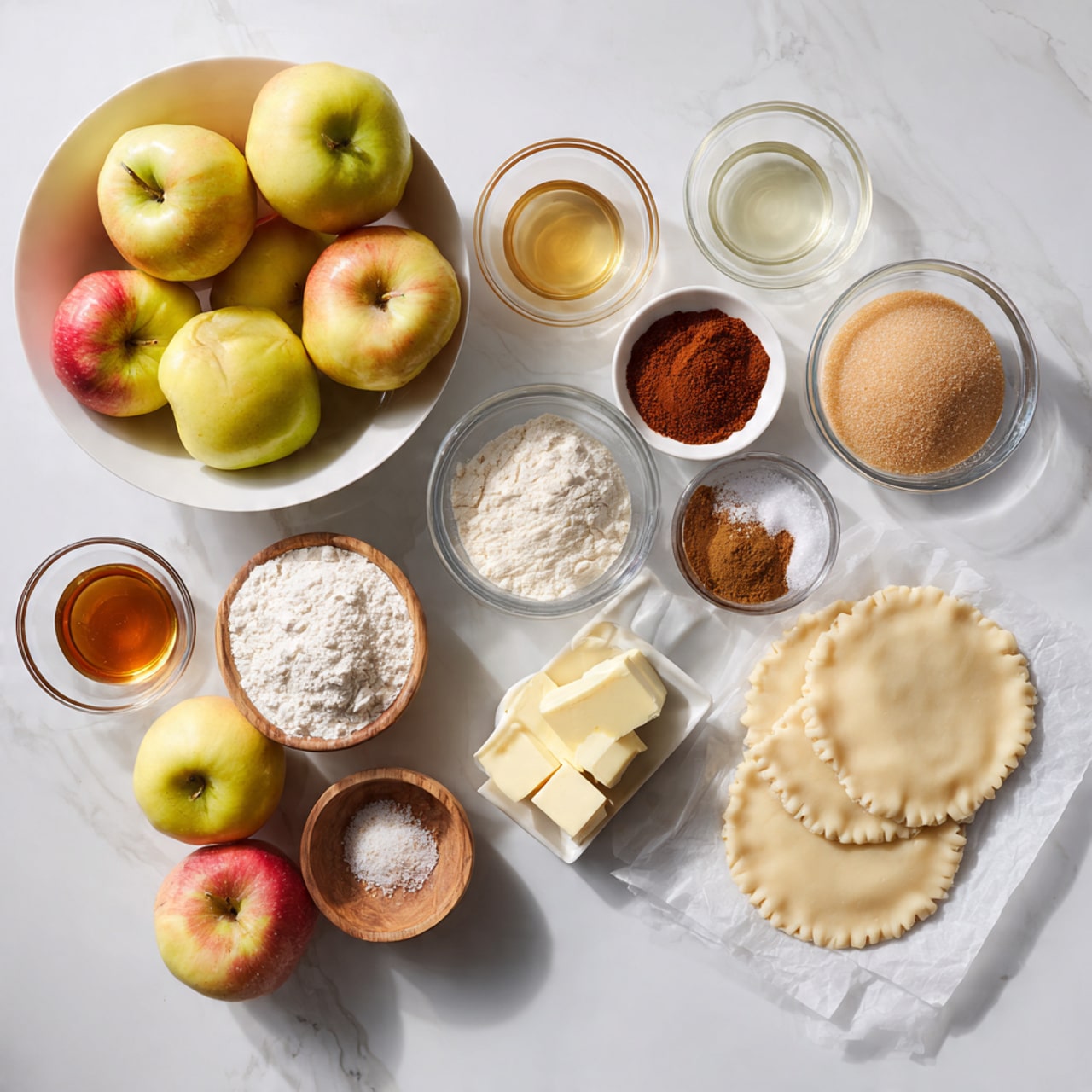 The image shows a flat lay of ingredients on a white marbled surface. On the left, there is a white bowl filled with seven whole apples that are yellow with red blushes. To the right of the apples, several small clear glass bowls contain light brown sugar, white granulated sugar, and a clear liquid. A small white dish holds a reddish-brown powder, and another white dish holds a darker brown powder. A small wooden bowl in the center contains white flour. Nearby, there are small clear bowls with cinnamon powder and a brown speckled powder, and a small white dish with salt. Two pieces of pale yellow butter rest inside a clear glass bowl. On the far right, there are three overlapping white pie crusts on a sheet of parchment paper. The setup is clean and organized, all displayed on the white marbled surface. photo taken with an iphone --ar 4:5 --v 7