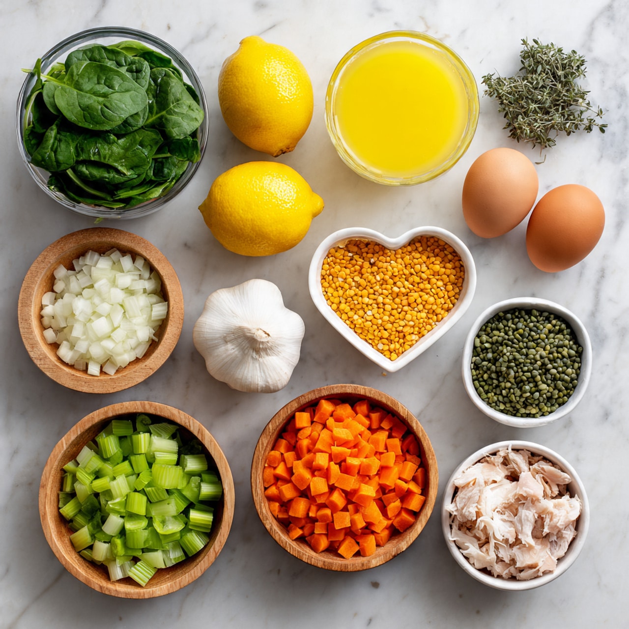 The image shows various ingredients neatly arranged on a white marbled surface. At the top left, there is a small bunch of fresh green spinach leaves, next to a glass bowl filled with bright yellow liquid. Below these, a whole lemon with shiny yellow skin sits beside a bulb of white garlic and a small bunch of dried green herbs. To the right, a white bowl holds three brown eggs, while nearby, a heart-shaped container has tiny yellow lentils. At the bottom left, a wooden bowl is filled with chopped white onions, followed by another wooden bowl with chopped green celery in the center. Next to it, an orange wooden bowl holds small, diced bright orange carrots. Lastly, a white bowl at the bottom right contains shredded white chicken meat. The items are cleanly spaced and the colors are vivid, creating a fresh and organized look. Photo taken with an iphone --ar 4:5 --v 7