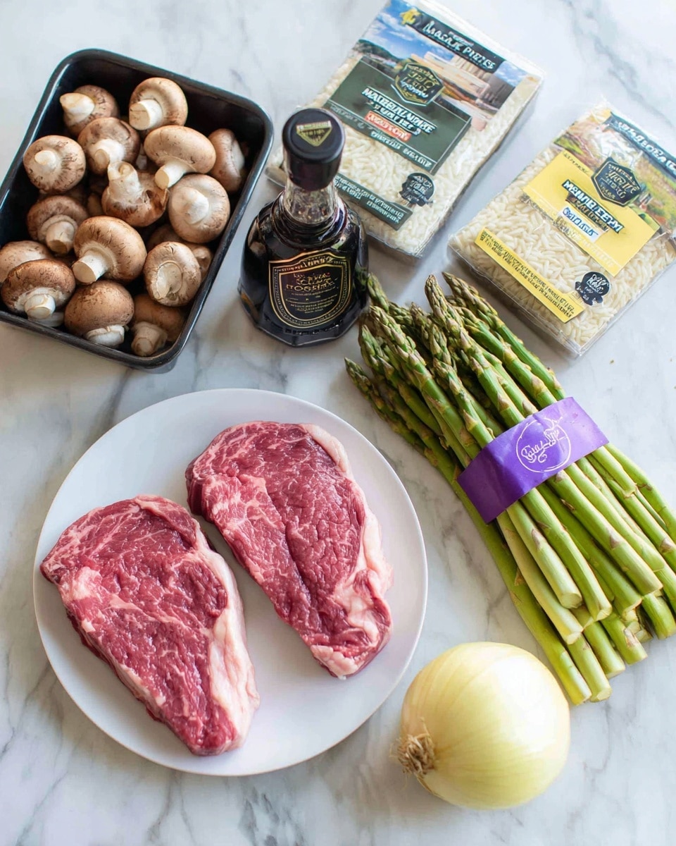The image shows two marbled raw steaks placed side by side on a white plate in the lower left corner. Above them is a black container filled with whole brown mushrooms with white stems. To the right of the steaks, a dark glass bottle of Worcestershire sauce stands upright in front of a bunch of green asparagus tied with a purple band. Below the asparagus is a wrapped rectangular block of butter. To the right of the asparagus is a large, peeled yellow onion half. In the upper right corner, there are two different boxes of rice pilaf mixes with pictures of cooked rice on them, all set on a white marbled surface. Photo taken with an iphone --ar 4:5 --v 7