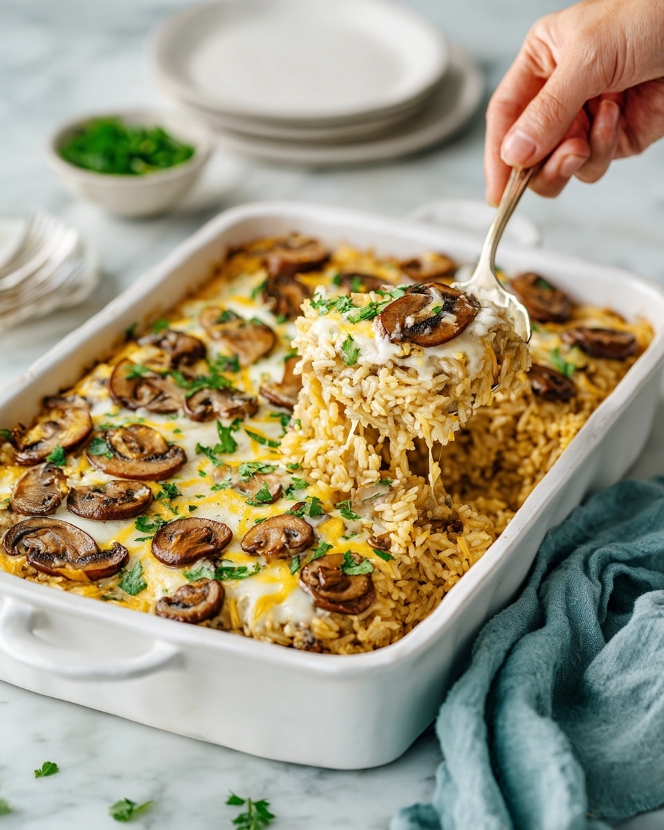 A white rectangular casserole dish filled with a layered rice and mushroom bake topped with scattered slices of cooked brown mushrooms and melted light yellow shredded cheese. A woman's hand holding a spoon scoops some of the steamy rice and mushroom mix from the center, showing moist, soft textures inside. The dish sits on a white marbled surface with small chopped green herbs in a small white bowl at the top left and a white plate with four forks at the bottom right. A light blue cloth is partially visible on the right side. Photo taken with an iphone --ar 4:5 --v 7