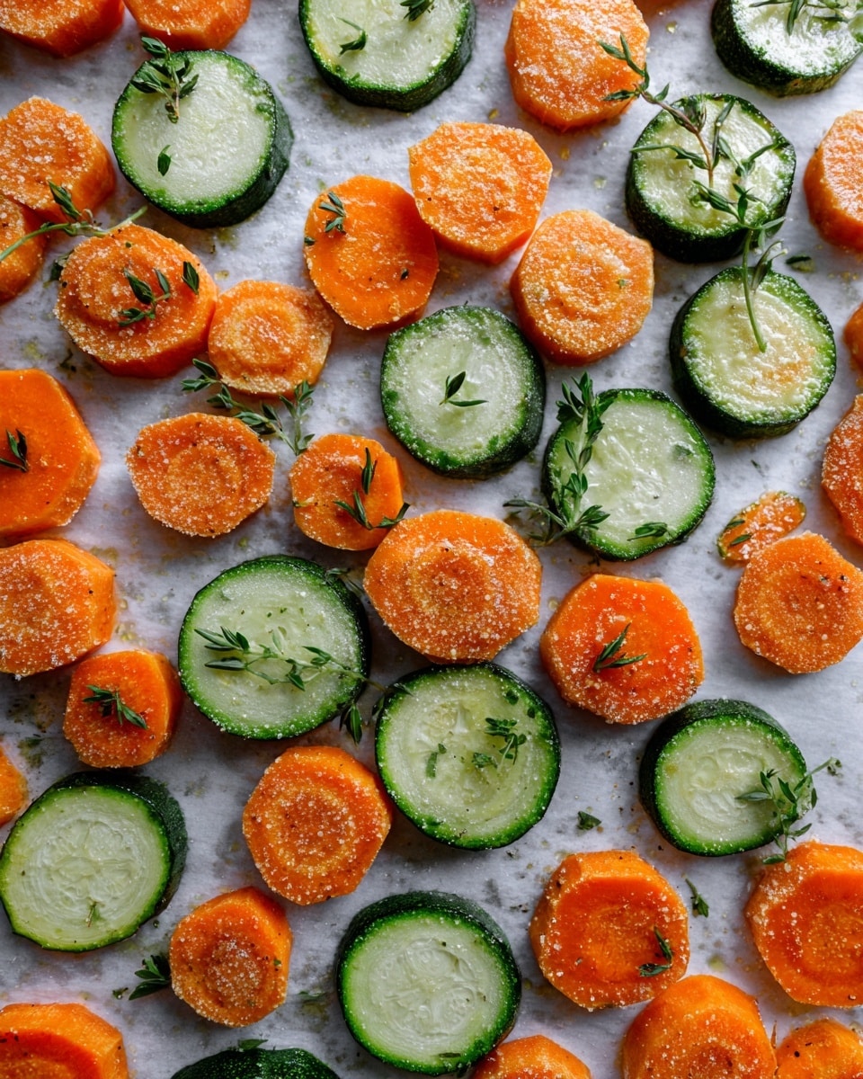 Sliced orange carrots and round green zucchinis are spread out evenly on a baking sheet covered with parchment paper. The carrots are small circles with a slightly rough texture and a bright orange color, while the zucchinis are larger round slices with light green interiors and darker green edges, showing soft spots and some herbs scattered on top. The background surface is a white marbled texture. photo taken with an iphone --ar 4:5 --v 7