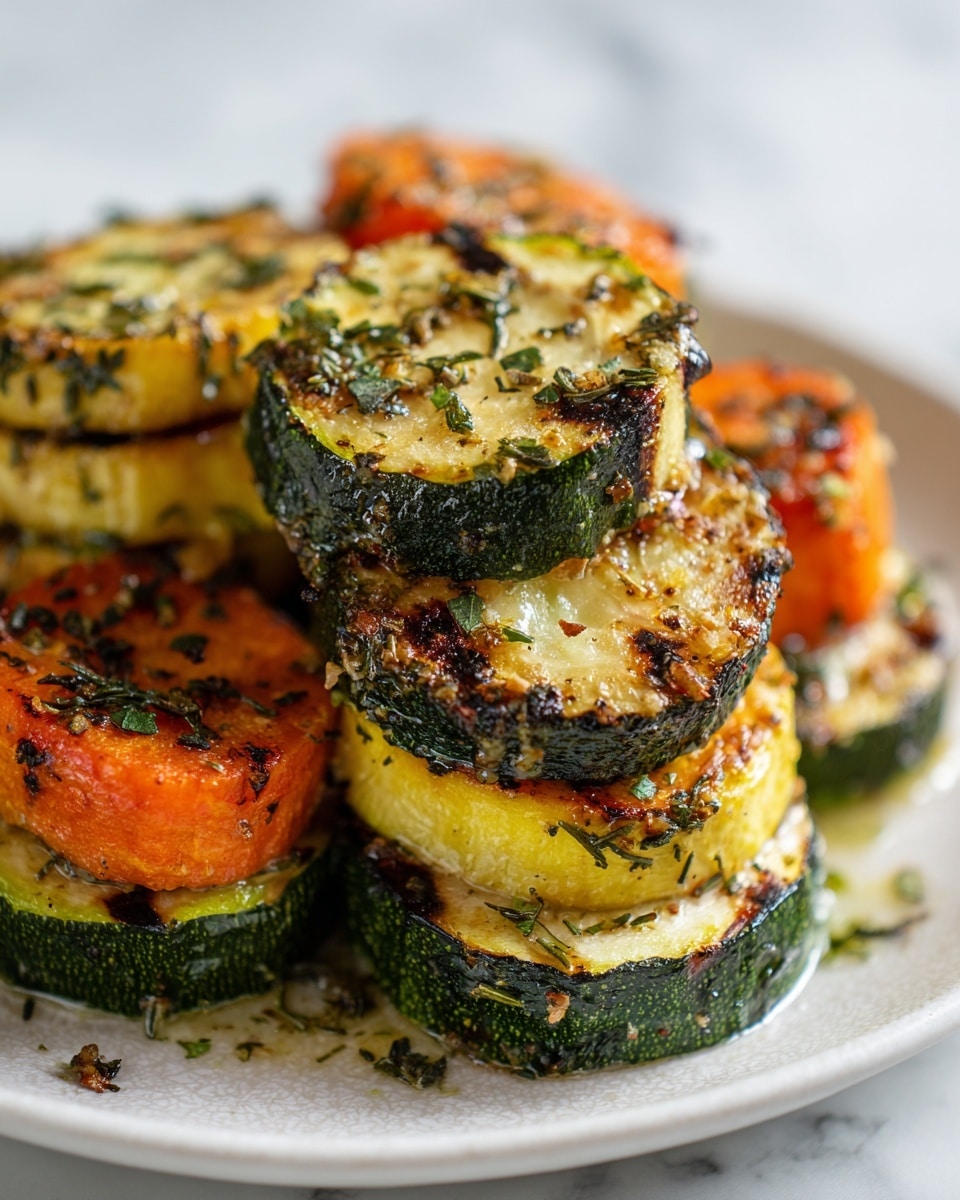 The image shows a close-up of cooked vegetable slices stacked together on a white plate. The dish has two layers of thick, round zucchini slices with dark green skin and light yellow flesh, each slice showing light brown grilled spots and herbs on top. Interspersed among the zucchini are smaller, round carrot slices in bright orange with some brown roasted marks and bits of herbs. The vegetables look tender and seasoned, all placed on a white marbled surface. photo taken with an iphone --ar 4:5 --v 7