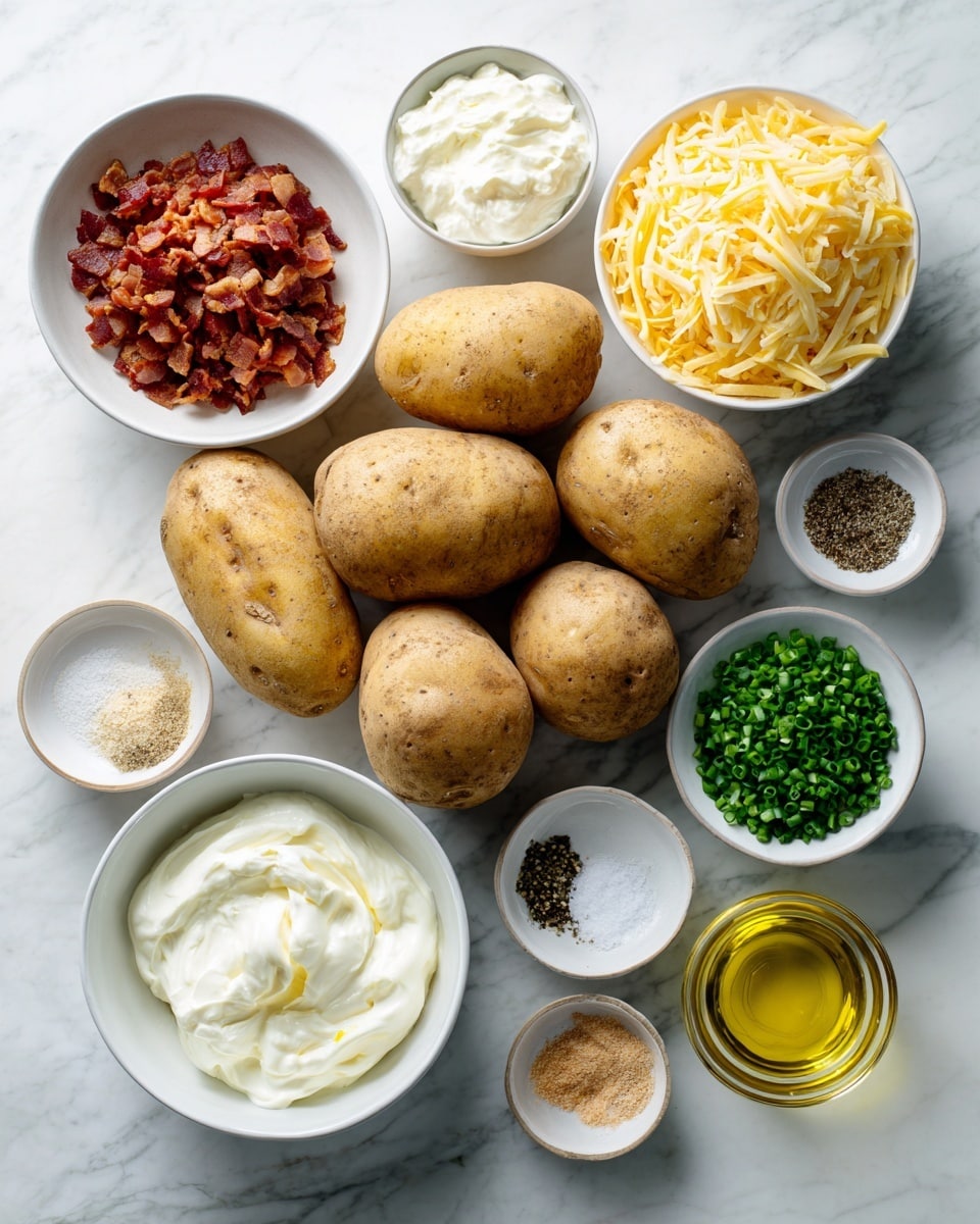 The image shows an arrangement of cooking ingredients on a white marbled surface. At the center, there are four whole brown potatoes with rough texture. Surrounding them are small white bowls: one filled with cooked, crumbled bacon in reddish-brown pieces; another filled with smooth, white sour cream; a bowl with shredded pale yellow cheese that looks soft and fresh; a small bowl with finely chopped fresh green chives; a bowl with salt and cracked black pepper; a bowl with a small amount of light brown powder seasoning; and finally, a small clear glass containing golden olive oil. Each bowl is round and plain white, creating a clean and fresh look. photo taken with an iphone --ar 4:5 --v 7