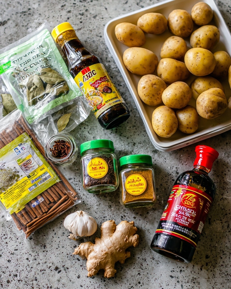 The image shows various cooking ingredients arranged on a gray speckled countertop with a white marbled texture background. There are packets of cinnamon quills and cardamom pods in light green and white packaging with clear windows showing the spices inside. A whole garlic bulb and a piece of fresh ginger root are placed near the bottom center. Two small glass jars with yellow labels contain star anise spice with green lids. Behind these items, there is a jar of Char Siu sauce with a red lid and red label on the right. To the left of the sauce, there is a bottle of ABC sweet soy sauce with a dark yellow label and red top. At the top right, a white tray holds some large round potatoes in a clear plastic bag. The whole scene has a casual and colorful look. Photo taken with an iphone --ar 4:5 --v 7