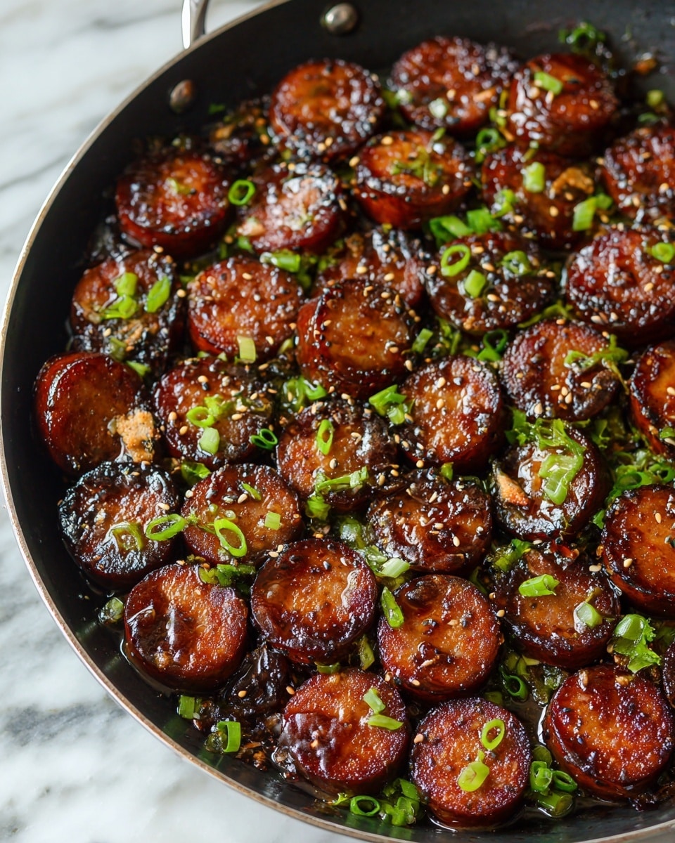 This image shows a black pan filled with a single layer of glazed, dark brown sausage slices. The sausages have some charred spots giving a slightly rough texture. On top of the sausages, there are small pieces of light brown and black toasted sesame seeds scattered evenly. Bright green chopped scallions are sprinkled over, adding a fresh contrast. The pan is placed on a white marbled surface, and the image is taken close-up, highlighting the shiny sauce on the sausage pieces. Photo taken with an iphone --ar 4:5 --v 7