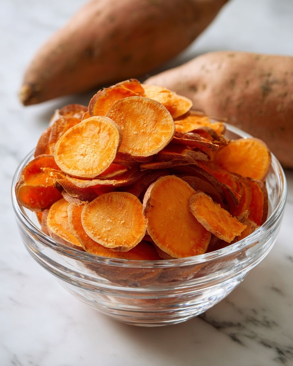 A clear glass bowl filled with many thin slices of sweet potato, each slice showing a bright orange color with smooth edges and a slightly rough texture. The slices are loosely piled on top of each other inside the bowl. Beside the bowl, there are two whole sweet potatoes with a rough brown-orange skin. The bowl sits on a white marbled surface. photo taken with an iphone --ar 4:5 --v 7