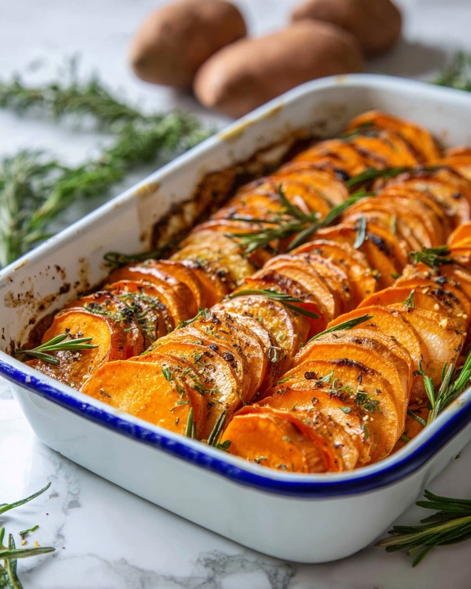 The image shows a white rectangular baking dish with a blue rim filled with thinly sliced orange sweet potatoes arranged vertically in tight rows, covering the whole dish in layers. The slices have a slightly browned, crispy edge with some darker grill marks and are sprinkled with small green rosemary leaves and black pepper, giving a textured look with some shine. The dish is placed on a white marbled surface, and a few whole sweet potatoes and fresh rosemary sprigs are visible blurred in the background. photo taken with an iphone --ar 4:5 --v 7