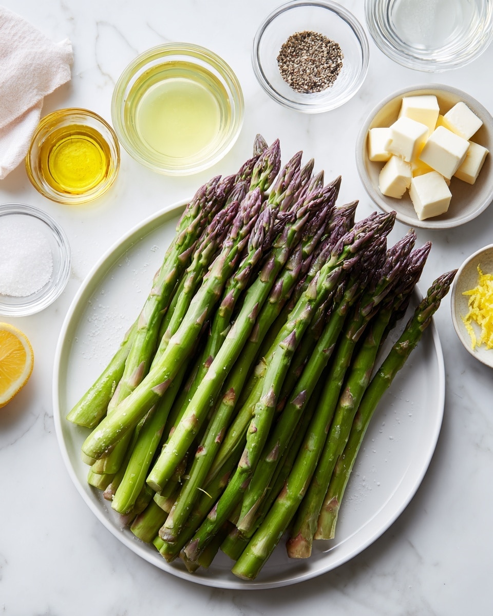 A white plate holds a neat stack of bright green asparagus spears with purple tips, arranged so the spears point to the right side, covering most of the plate’s surface. To the left of the plate on a white marbled counter, there are six small glass containers with ingredients: a measuring cup of light yellow liquid, a small bowl of white salt, a bowl with two small cubes of pale butter, a bowl of coarse black pepper, another measuring cup with a clear yellow oil, and a bowl of bright yellow lemon zest. The scene is bright and clean, with soft natural lighting highlighting the fresh textures and colors. photo taken with an iphone --ar 4:5 --v 7