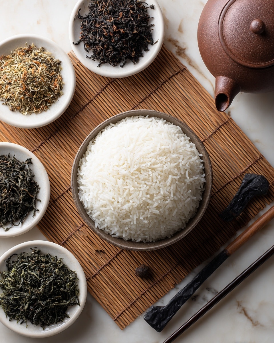 A white bowl filled with a mound of plain white rice sits at the center of a bamboo mat on a wooden table. Surrounding the rice bowl are four small white bowls, each containing different loose tea leaves: one with a mix of light brown and green pieces, another with dark brown crushed leaves, and two with finely shredded dark green tea leaves. To the right of the central bowl, there is a pair of black chopsticks resting on a black chopstick rest. In the background to the right, a small brown clay teapot is partially visible. The whole setup rests on a white marbled surface. photo taken with an iphone --ar 4:5 --v 7
