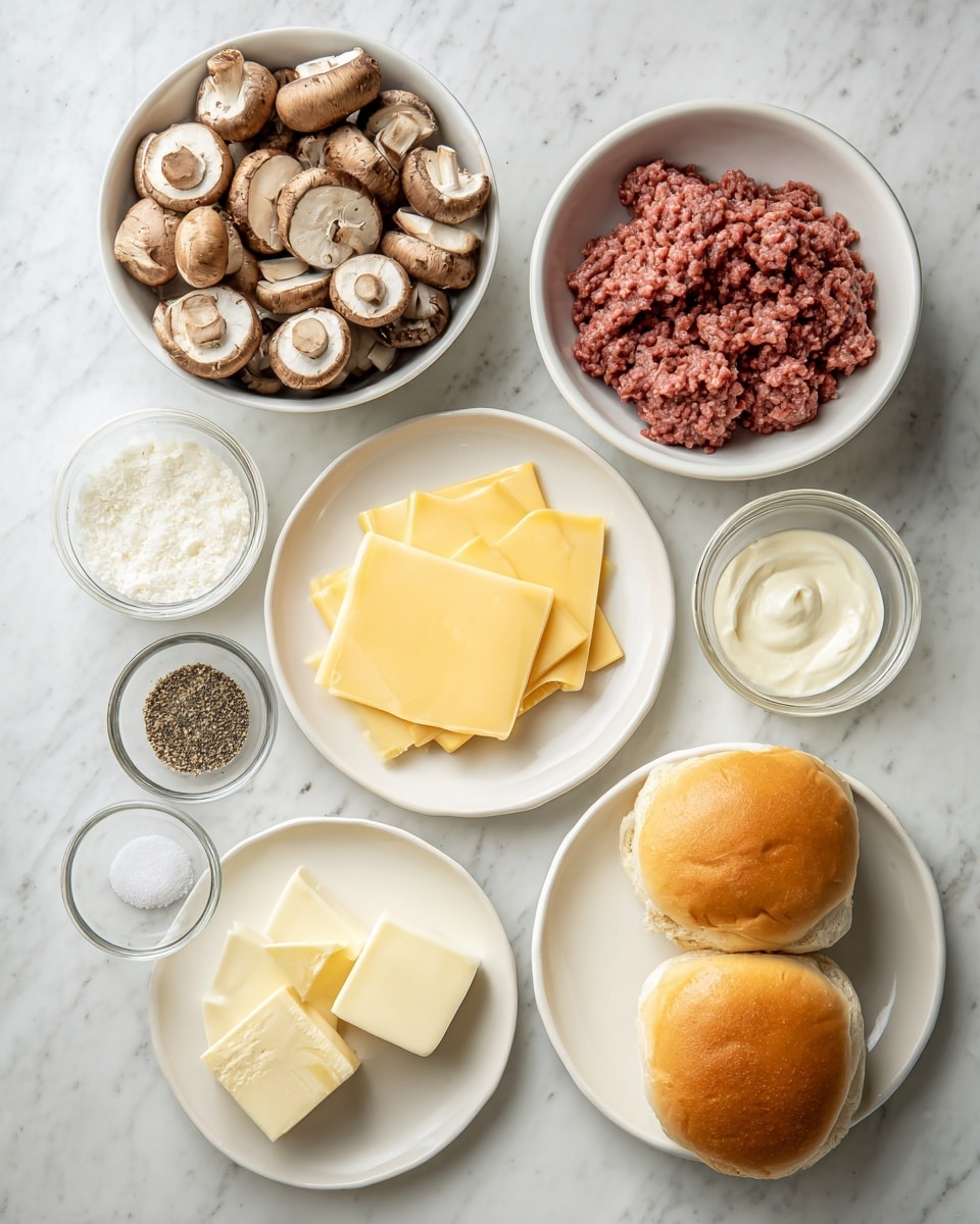 The image shows ingredients for a meal arranged on a white marbled surface. There are two white bowls; one filled with sliced brown mushrooms and another with ground raw beef. Next to them, two white plates hold two plain sandwich buns and four slices of yellow cheese. Small white bowls contain black pepper, white salt, and a piece of butter. A small glass bowl has a white sauce or mayonnaise. Everything is neatly placed and ready for cooking. Photo taken with an iphone --ar 4:5 --v 7
