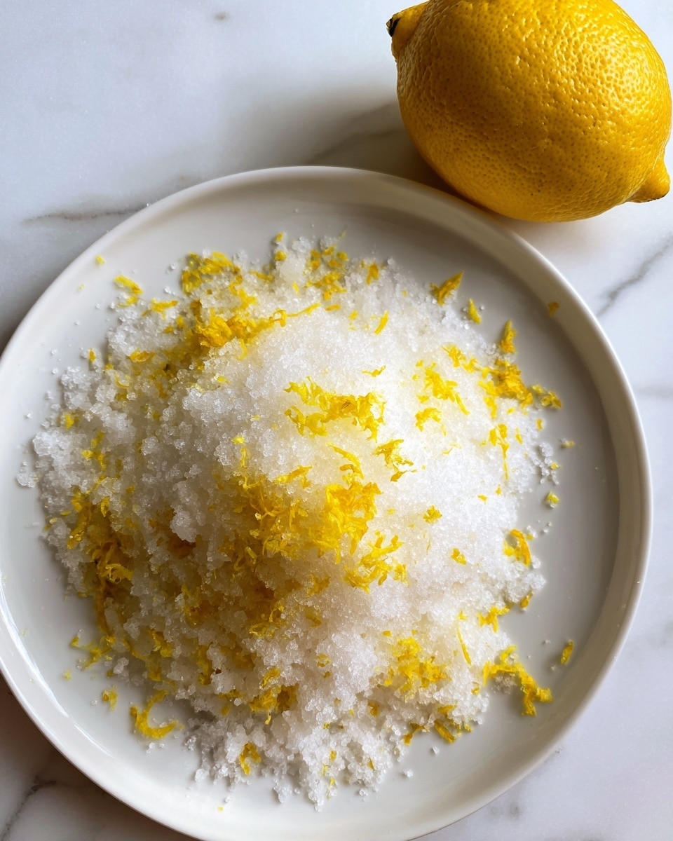 A white plate is filled with a pile of white granulated sugar mixed with yellow lemon zest, creating a textured layer that is mostly white with flecks of bright yellow scattered throughout. The plate rests on a white marbled surface, and a whole yellow lemon sits nearby, adding a vibrant color contrast. photo taken with an iphone --ar 4:5 --v 7