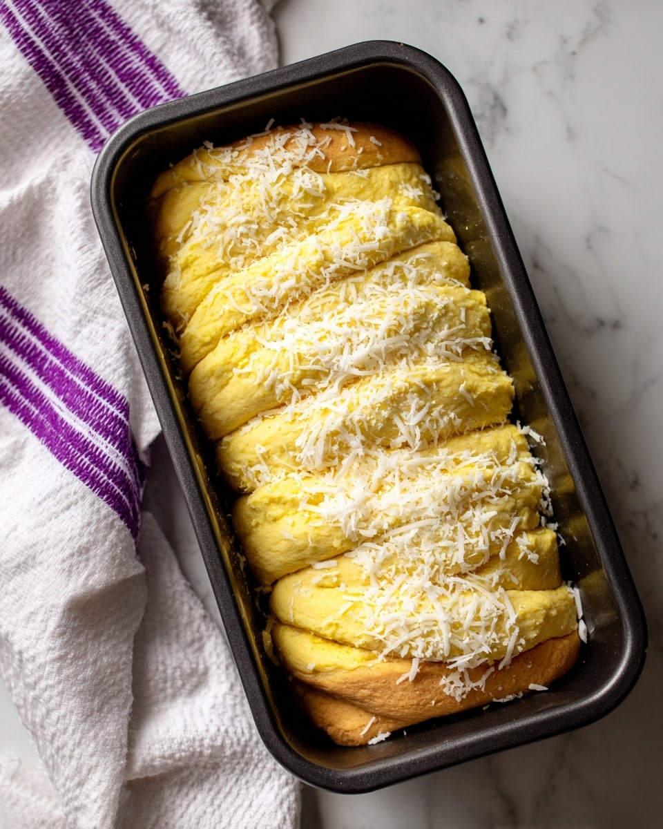 The image shows a black rectangular loaf pan filled with folded layers of yellow dough stacked tightly inside. The dough layers have a soft texture with a powdery coating and are sprinkled with white shredded topping, creating a contrast on the yellow dough. The pan sits on a white marbled surface with part of a white cloth with purple stripes visible on the left side. Photo taken with an iphone --ar 4:5 --v 7