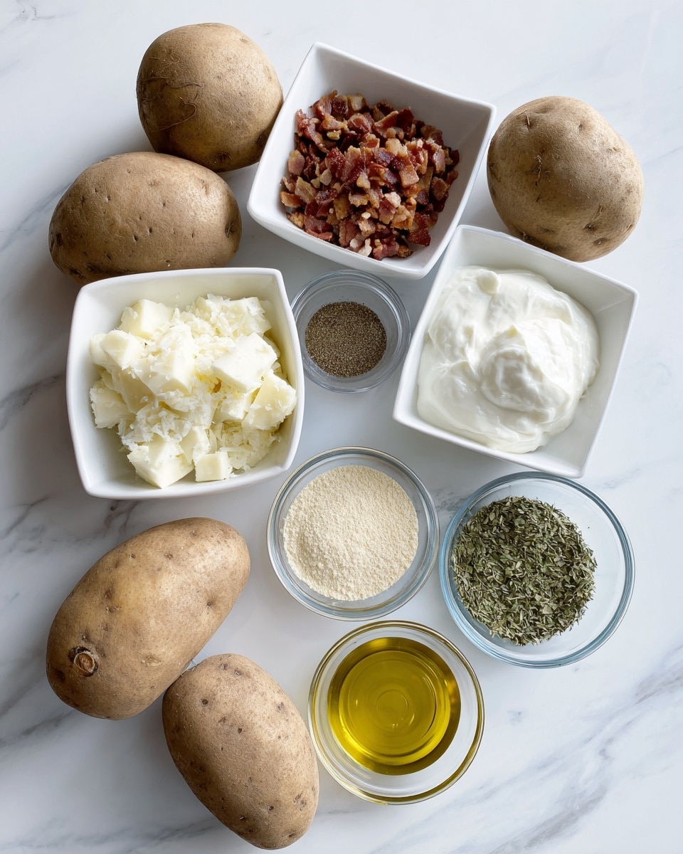 The image shows the ingredients arranged on a white marbled surface in a loose circle. There are four whole, unpeeled potatoes with a rough brown skin, two square white bowls placed diagonally from each other—one filled with small bits of cooked bacon, the other with three spice piles of salt, black pepper, and a light brown seasoning. Three clear round glass bowls hold white sour cream, chopped green herbs, and a pale yellow powder, while another glass bowl contains golden olive oil. The colors range from earthy browns to fresh greens and creamy whites, all neatly spaced. photo taken with an iphone --ar 4:5 --v 7