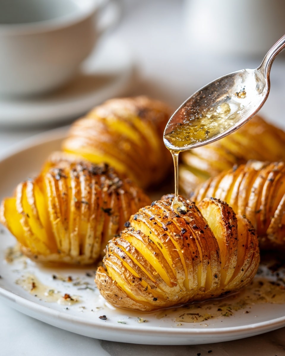 The image shows baked Hasselback potatoes arranged on a white plate placed on a white marbled surface. Each potato has many thin, even slices across its body with golden-brown skin and a slightly crispy texture. A silver spoon held above one potato is pouring melted butter over the slices, adding a shiny glaze. The potatoes have visible black pepper and seasoning sprinkled on top, and the background is softly blurred to highlight the detailed texture and warm colors of the potatoes. Photo taken with an iphone --ar 4:5 --v 7