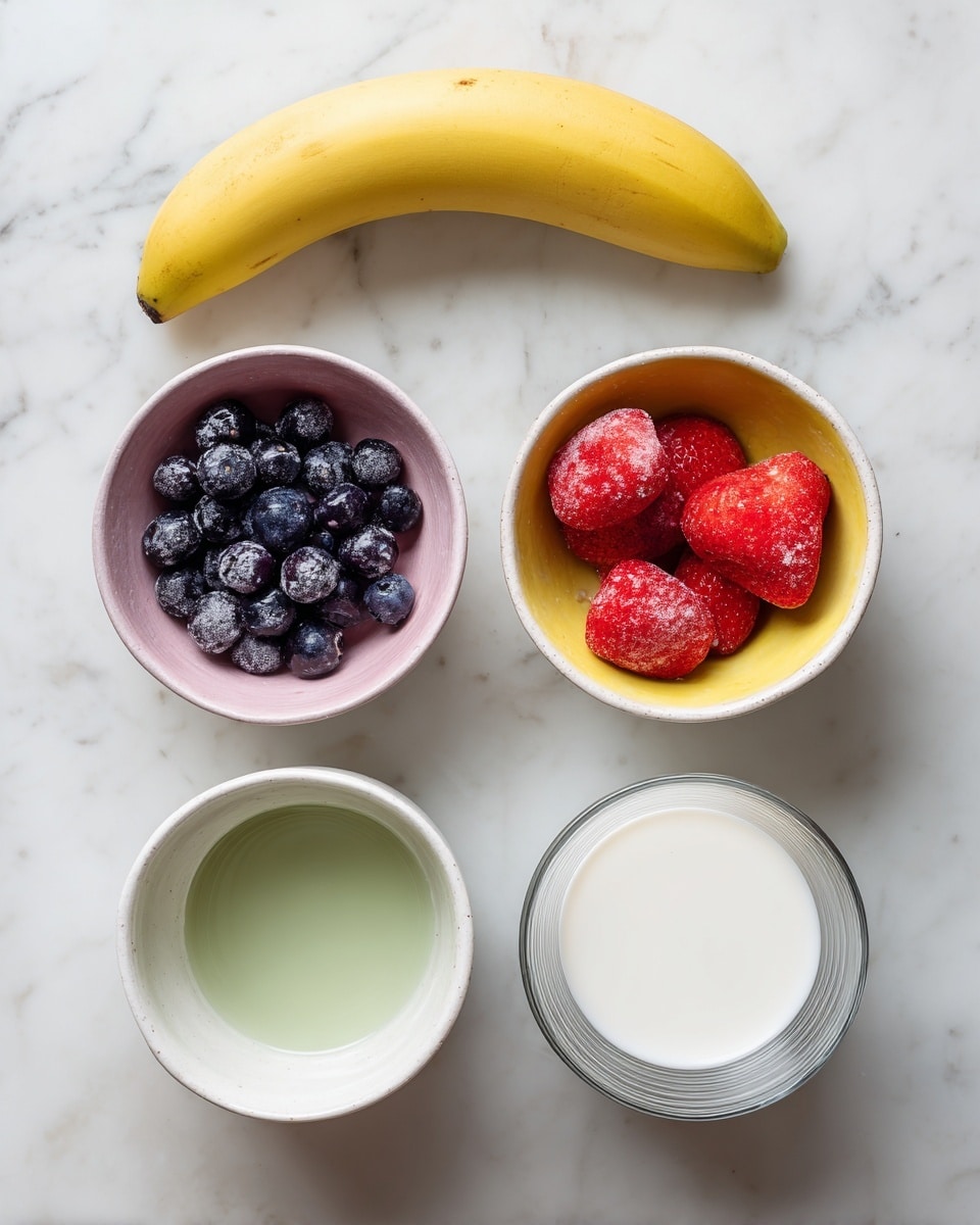 A single yellow banana is placed at the top center on a white marbled surface. Below it, from left to right, there are three small white bowls, each with different contents: a white bowl with a pink inside filled with dark frozen blueberries on the left, a white bowl with a yellow inside holding three frozen red strawberries in the middle, and a white bowl with a green inside containing a green liquid on the bottom left. Next to the green liquid bowl, on the bottom right, there is a transparent glass filled with white milk. The scene is lit softly from above, showing clear textures and colors on a clean white marbled background. photo taken with an iphone --ar 4:5 --v 7