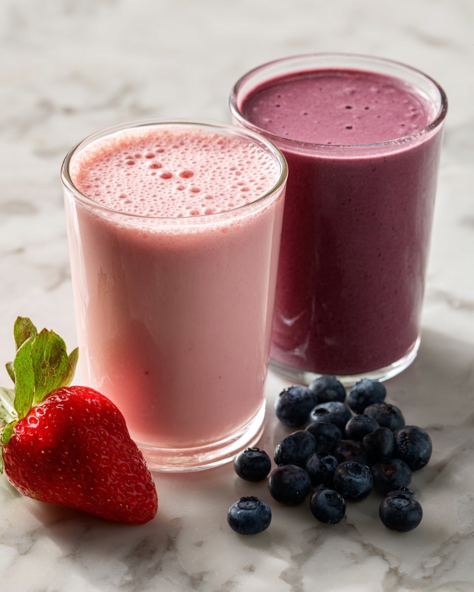 Two clear glasses filled with smooth berry smoothies sit on a white marbled surface. The glass in the front contains a light pink smoothie with small bubbles on the top, showing a creamy texture. Behind it, a second glass holds a darker purple smoothie, also slightly bubbly. Near the glasses, fresh fruit is scattered on the white marbled surface: a bright red strawberry with green leaves and several plump dark blue blueberries. The whole scene has soft natural light, making the colors of the fruits and drinks look fresh and inviting. photo taken with an iphone --ar 4:5 --v 7