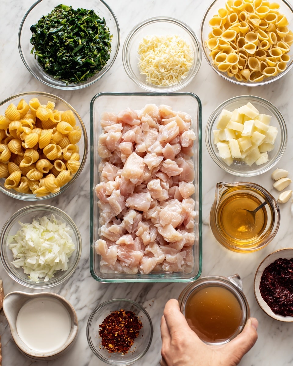 The image shows a white marbled surface with several clear glass bowls arranged neatly. At the center is a rectangular container filled with raw diced chicken, pale pink in color. Surrounding it are bowls with different ingredients: golden-brown pasta shells, finely chopped green spinach, small white cubes of butter, peeled yellow garlic cloves, finely chopped white onions, creamy beige grated cheese, and dark red dried chili flakes. There is also a glass cup of rich golden broth, a small bowl of white cream, and a small bowl with a dark red paste. A woman's hand is seen holding a clear glass container with the broth. The setup is clean and organized, ready for cooking. photo taken with an iphone --ar 4:5 --v 7