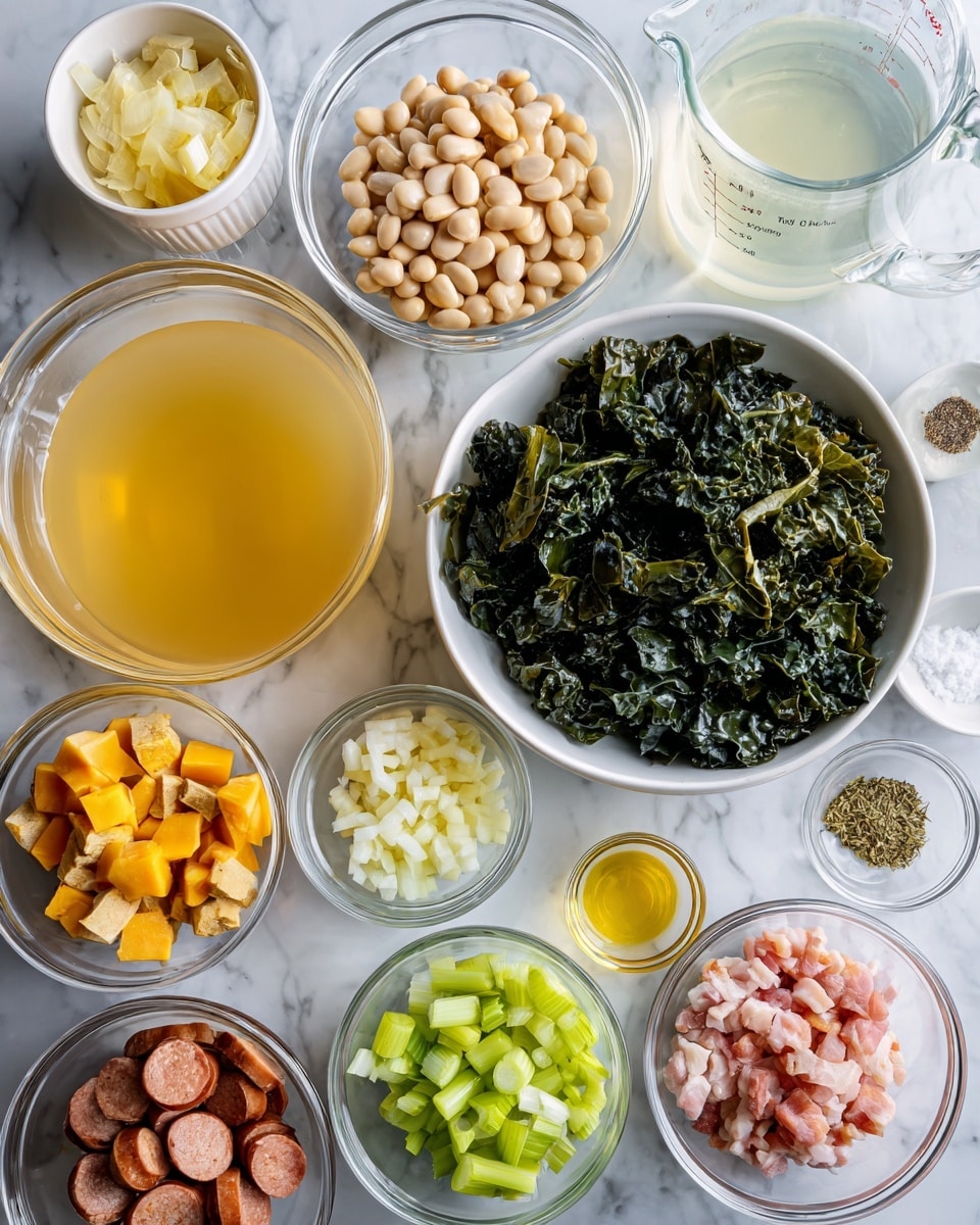 The image shows many clear glass and white bowls with ingredients for cooking, placed on a white marbled surface. In the large clear glass bowl, there is golden-yellow broth. Nearby, a white bowl contains light beige beans. Another large clear glass bowl holds dark green, textured kale leaves. Small clear glass bowls hold chopped white onions, light yellow garlic pieces, pale yellow butter, bright yellow lemon zest, small herbs, salt, and pepper. There are also bowls with sliced sausage that is speckled and cooked, bright orange cubed squash, green chopped celery, thin white liquid in a measuring glass, and raw pink bacon pieces in another clear glass bowl. All the items are arranged neatly with good lighting. photo taken with an iphone --ar 4:5 --v 7