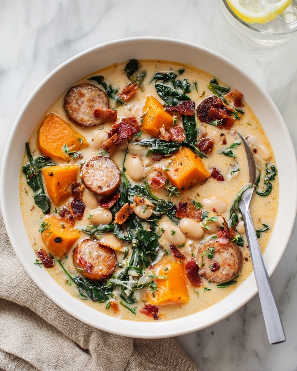 A white bowl filled with creamy soup showing several layers: large chunks of orange butternut squash, slices of browned sausage, white beans, and dark green spinach leaves mixed in the light beige creamy broth. Small crispy red bacon pieces and fresh green herbs are scattered on top, adding texture and color. A spoon with a light gray handle rests inside the bowl, holding a bit of spinach, sausage, and squash. The bowl is placed on a white marbled surface with a beige cloth napkin beside it, and a clear glass of water with a lemon slice is partially visible to the side. photo taken with an iphone --ar 4:5 --v 7