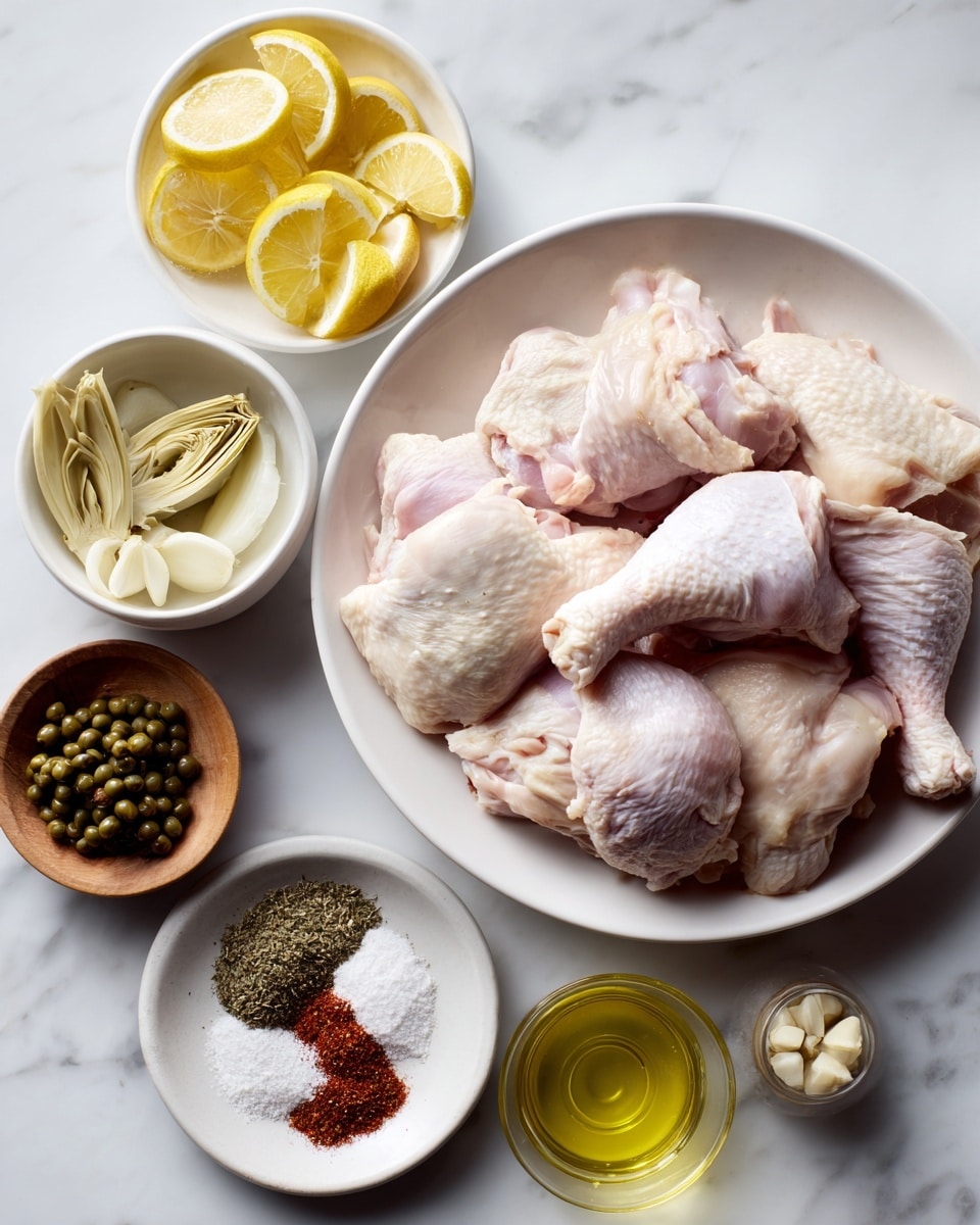 A large white plate holds raw chicken pieces, including pale pink drumsticks, thighs, and a breast, showing smooth skin and some fat. Around the plate are six small white bowls: one with bright yellow lemon slices stacked closely, another with thin, translucent white onion strips, a third with pale yellow artichoke hearts folded softly, a small wooden bowl with light yellow minced garlic, a bowl with dark green round capers, and a glass bowl with golden olive oil. Nearby, a small white plate displays a mix of dry spices including greenish dried herbs, reddish paprika, black crushed pepper, and white salt. The setup sits on a smooth white marbled surface, lit softly and naturally. Photo taken with an iphone --ar 4:5 --v 7
