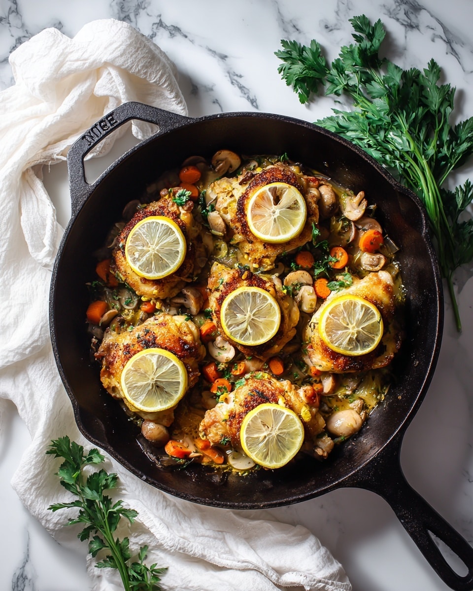 A black cast iron pan filled with seven golden-brown cooked chicken pieces, each topped with thin, round lemon slices. The chicken rests on a layer of cooked vegetables, including orange carrots and light brown mushrooms, with some green herbs scattered on top. The pan is placed on a white marbled surface, next to a white cloth and some fresh green herb sprigs. A woman's hand is holding the pan's handle on the top left. photo taken with an iphone --ar 4:5 --v 7