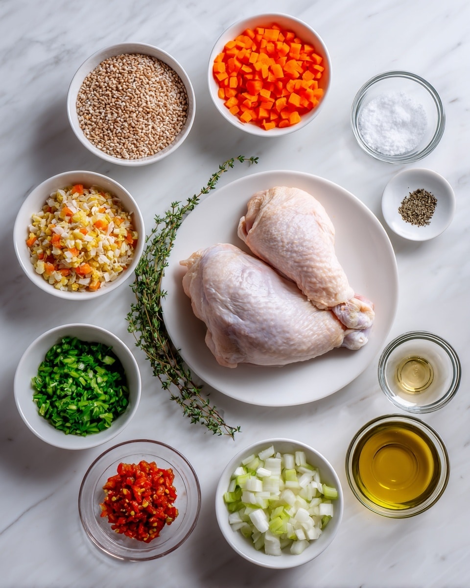The image shows an overhead view of several small white bowls and a white plate arranged on a white marbled surface. The white plate in the center holds a raw, light pink chicken leg. Around it, there are small white bowls with different ingredients: one with light brown grains, one with orange-red chopped peppers, one with green chopped herbs, one with light yellow shredded onion, one with finely chopped orange carrots, one with diced white and green vegetables, and four small glass bowls filled with different seasonings and liquids like oil, salt, and possibly tomato paste. Two sprigs of fresh herbs lie beside the chicken on the plate, adding a touch of green. The image is brightly lit, clear, and organized, showing all ingredients neatly and separately. Photo taken with an iphone --ar 4:5 --v 7