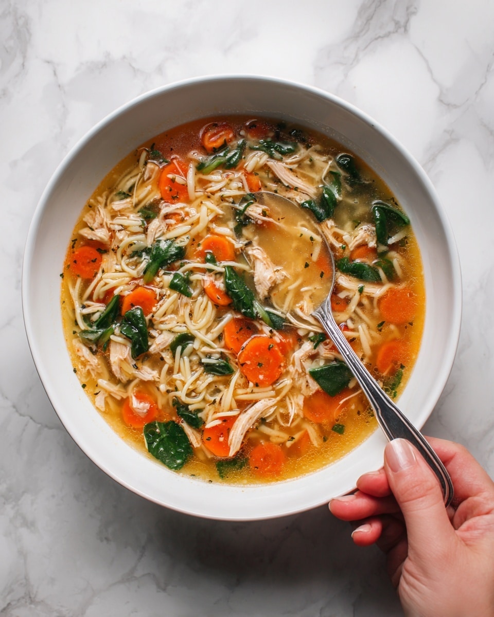 A white bowl filled with a colorful soup showing several layers and textures. At the bottom, there is a clear orange broth mixed with small pasta shapes and pieces of shredded chicken. Floating on top are slices of bright orange carrots and green spinach leaves. A silver spoon is placed inside the bowl, held by a woman's hand from the right side of the image. The background shows a white marbled surface. photo taken with an iphone --ar 4:5 --v 7